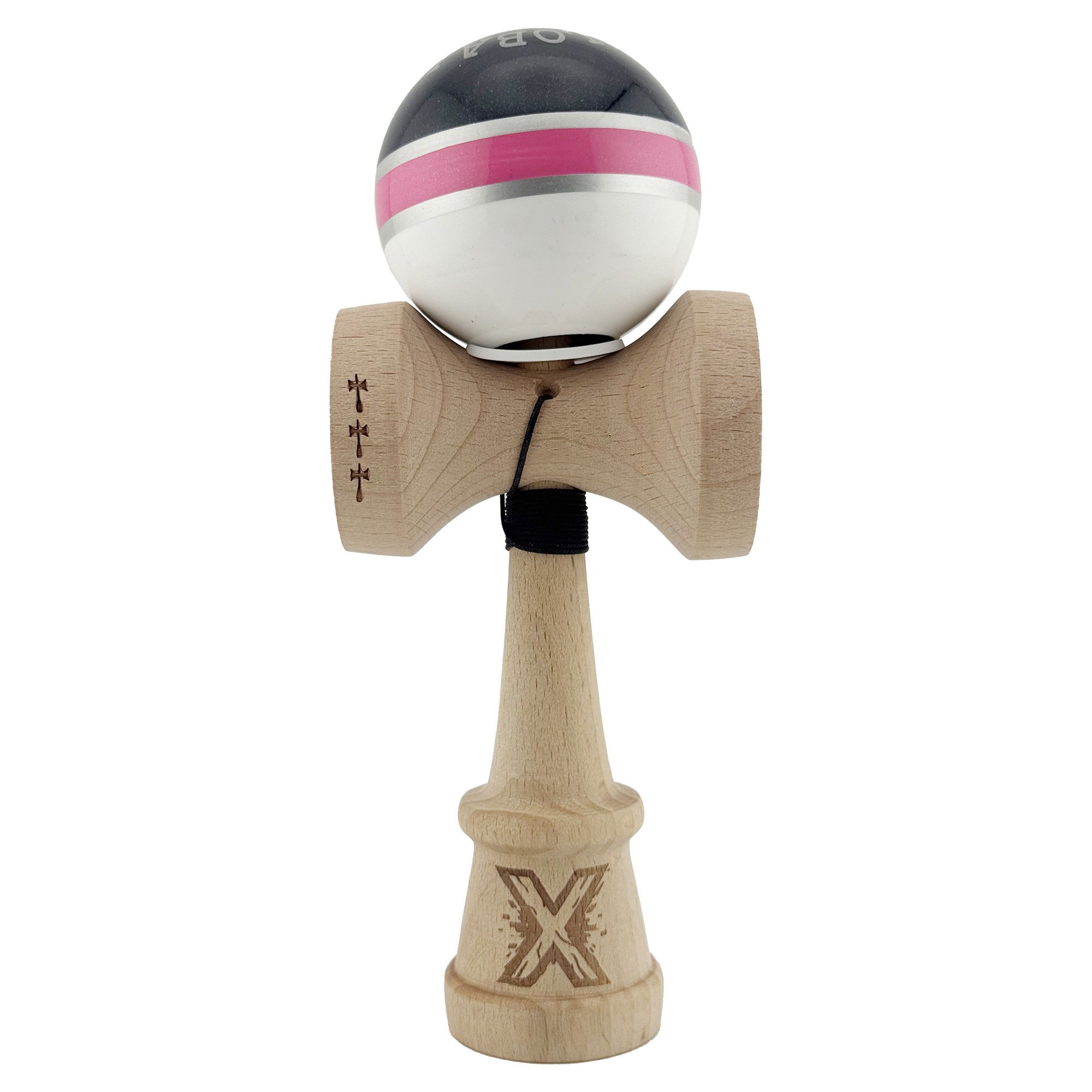 Kendama Royal V3 King Size - Kendama X Originala ROYAL SPIKE, Profesionala, Flippy, Cupe Mari KING SIZE V3, Super Sticky, Gaura in Baza, Rulment Metalic, din lemn 18 cm, Ata 62/65 cm, Inel Roz