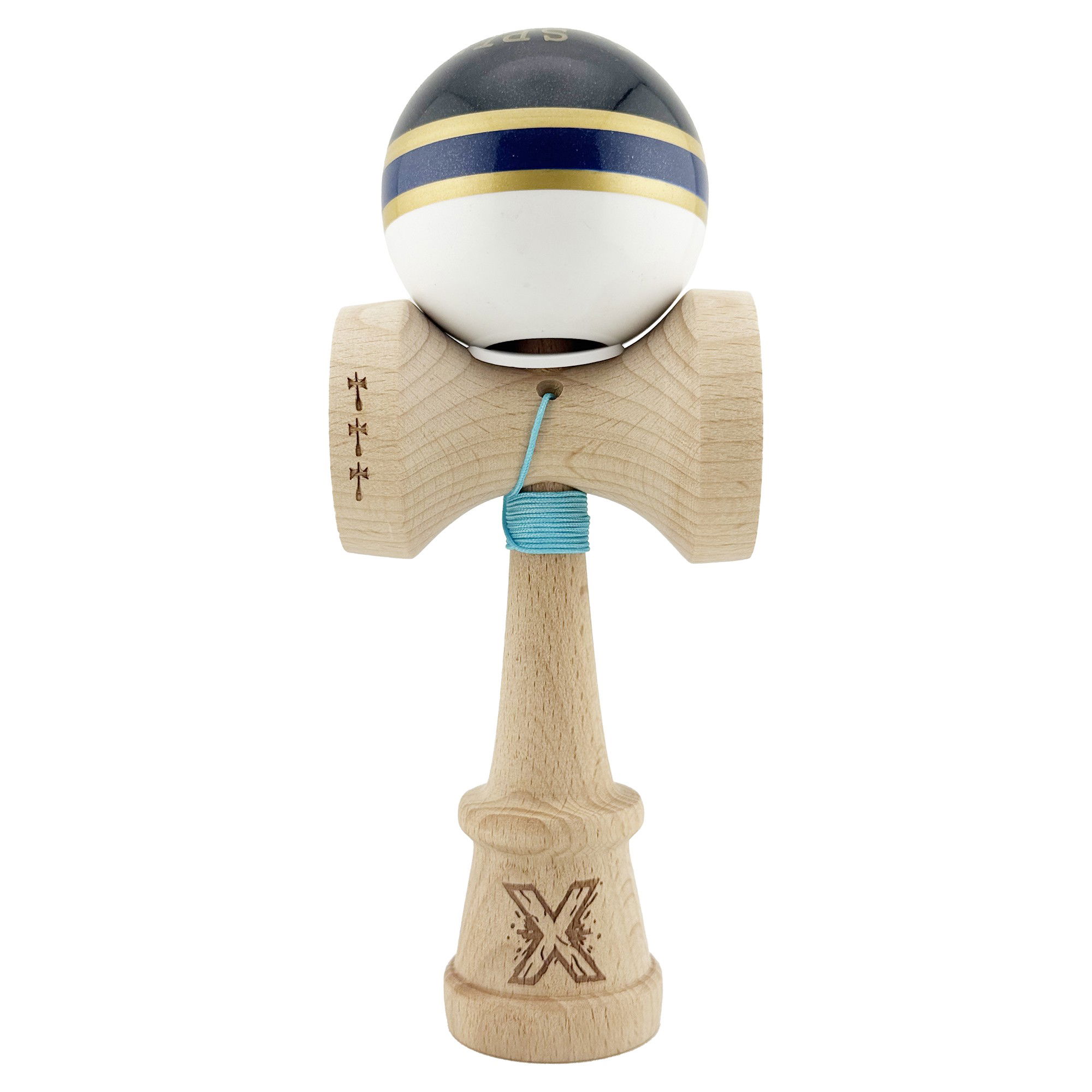 Kendama Royal V3 King Size - Kendama X Originala ROYAL SPIKE, Profesionala, Flippy, Cupe Mari KING SIZE V3, Super Sticky, Gaura in Baza, Rulment Metalic, din lemn 18 cm, Ata 62/65 cm, Inel Albastru inchis