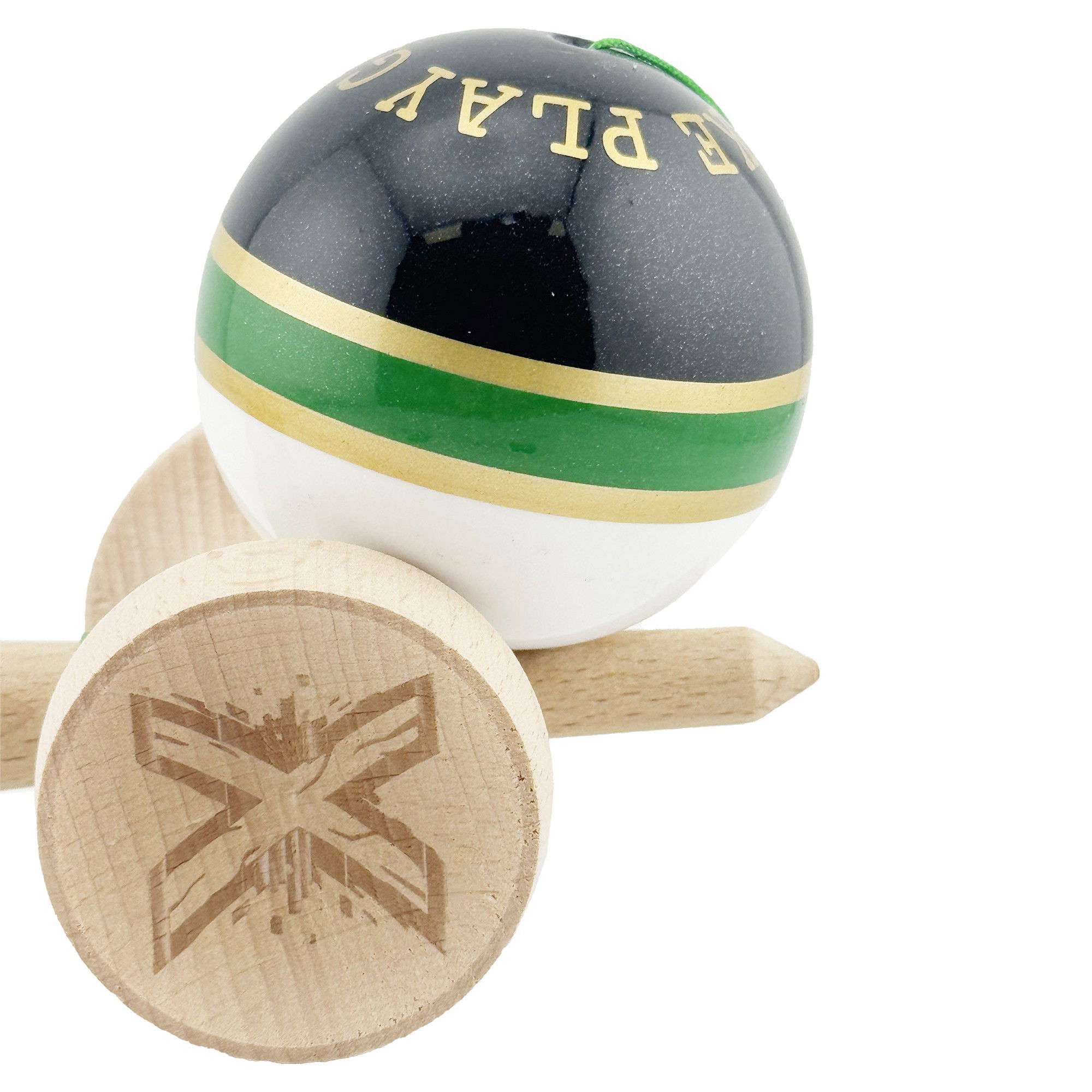 Kendama X Originala ROYAL SPIKE, Profesionala, Flippy, Cupe Mari KING SIZE V3, Super Sticky, Gaura in Baza, Rulment Metalic, din lemn 18 cm, Ata 62/65 cm, Inel Verde [8]