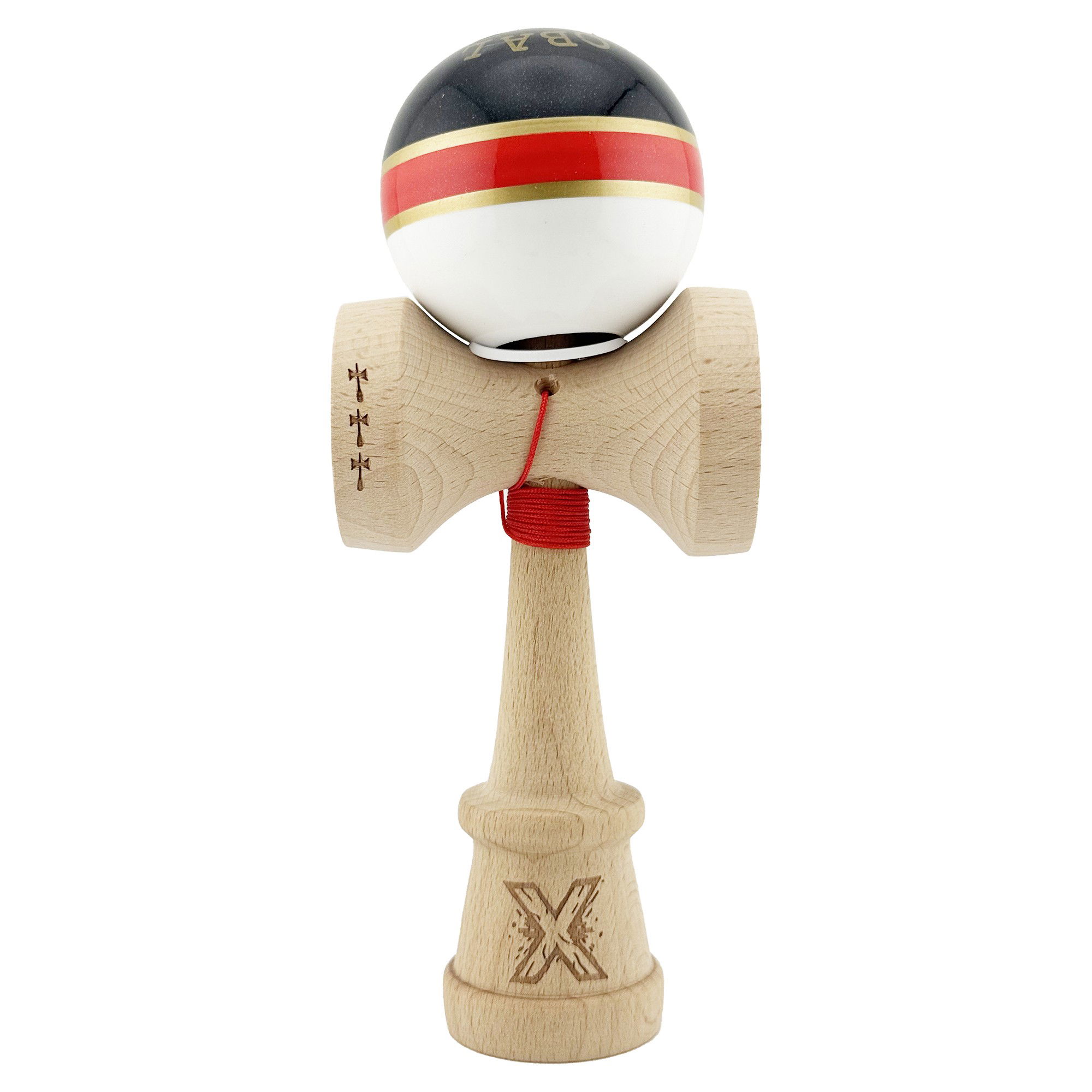 Kendama Royal V3 King Size - Kendama X Originala ROYAL SPIKE, Profesionala, Flippy, Cupe Mari KING SIZE V3, Super Sticky, Gaura in Baza, Rulment Metalic, din lemn 18 cm, Ata 62/65 cm, Inel Rosu