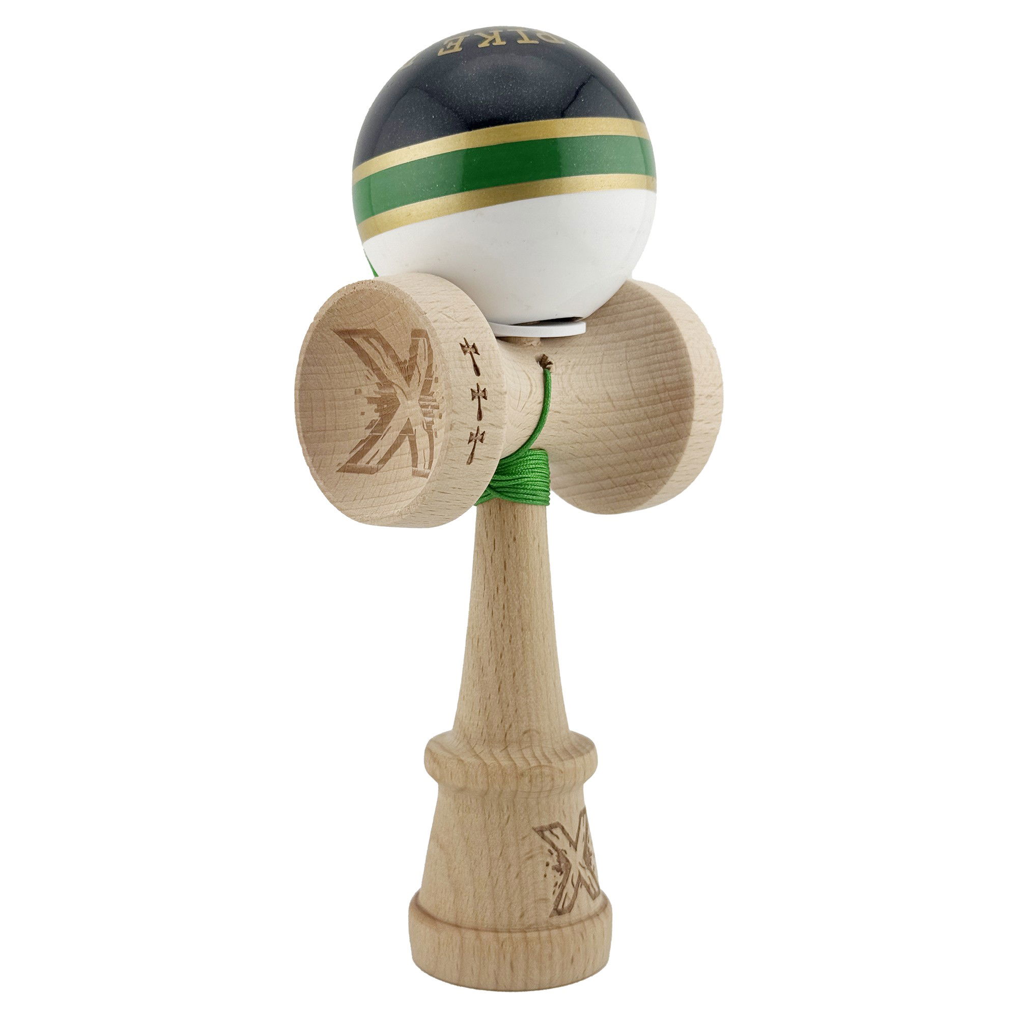 Kendama Royal V3 King Size - Kendama X Originala ROYAL SPIKE, Profesionala, Flippy, Cupe Mari KING SIZE V3, Super Sticky, Gaura in Baza, Rulment Metalic, din lemn 18 cm, Ata 62/65 cm, Inel Verde