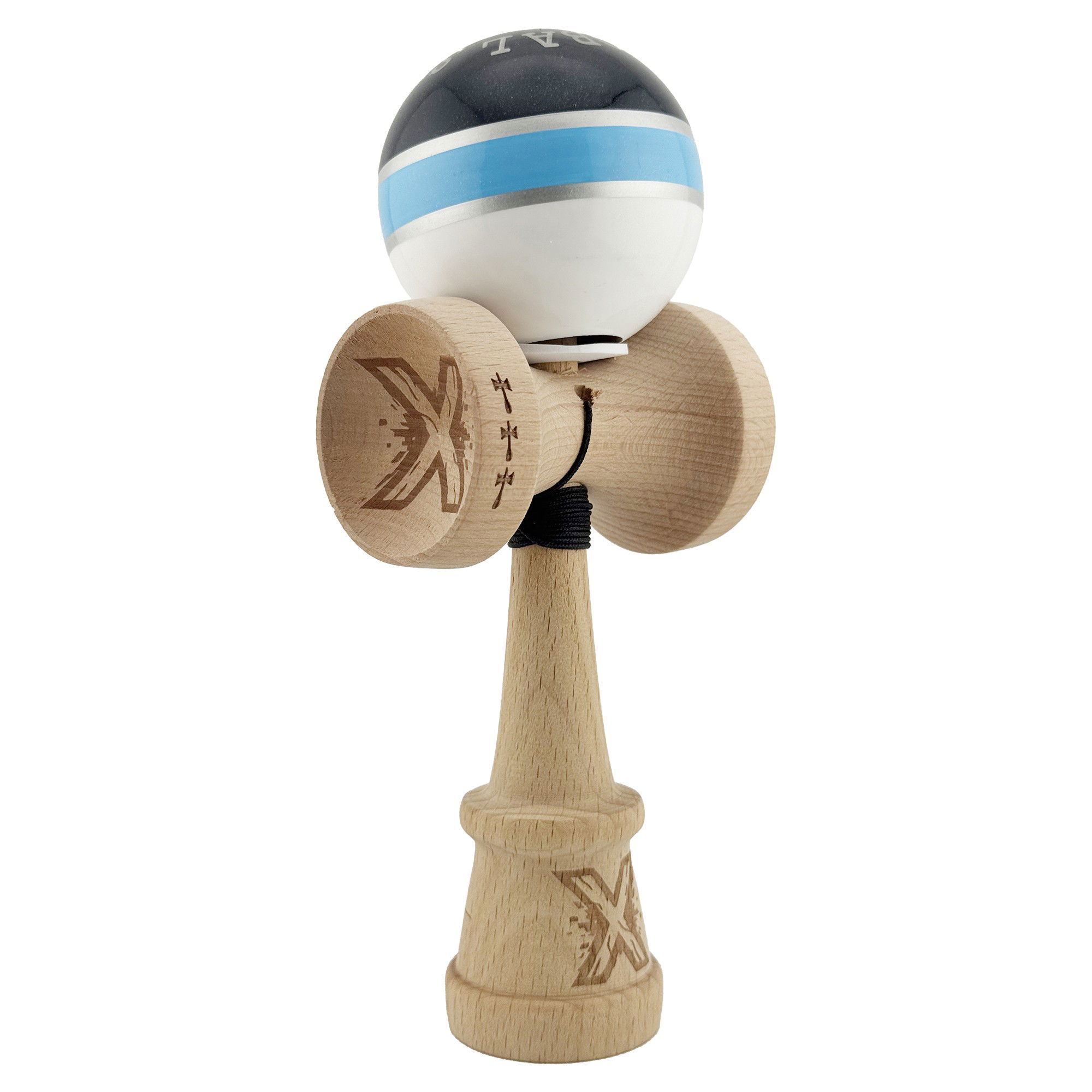Kendama Royal V3 King Size - Kendama X Originala ROYAL SPIKE, Profesionala, Flippy, Cupe Mari KING SIZE V3, Super Sticky, Gaura in Baza, Rulment Metalic, din lemn 18 cm, Ata 62/65 cm, Inel Albastru deschis