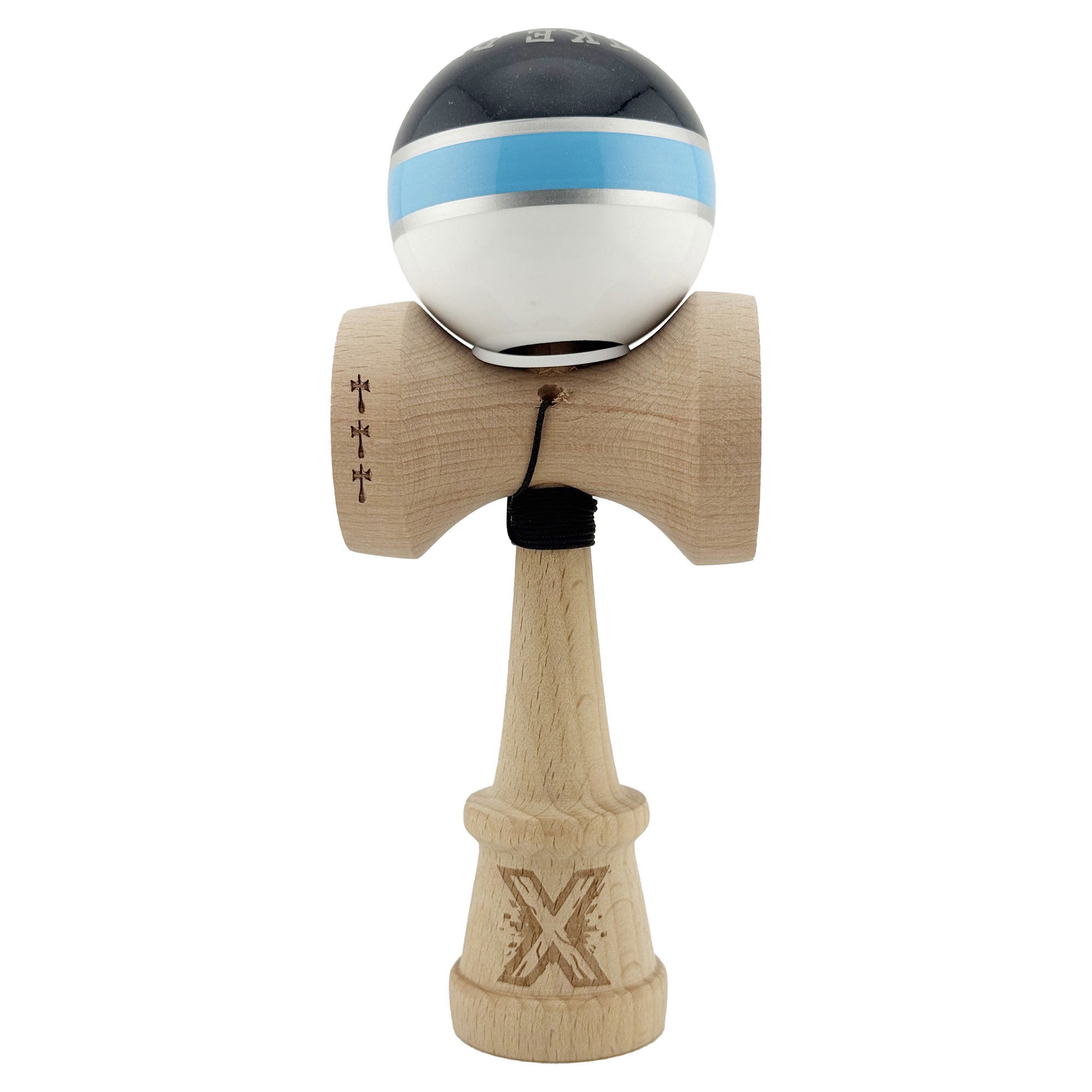 Kendama Royal V3 King Size - Kendama X Originala ROYAL SPIKE, Profesionala, Flippy, Cupe Mari KING SIZE V3, Super Sticky, Gaura in Baza, Rulment Metalic, din lemn 18 cm, Ata 62/65 cm, Inel Albastru deschis