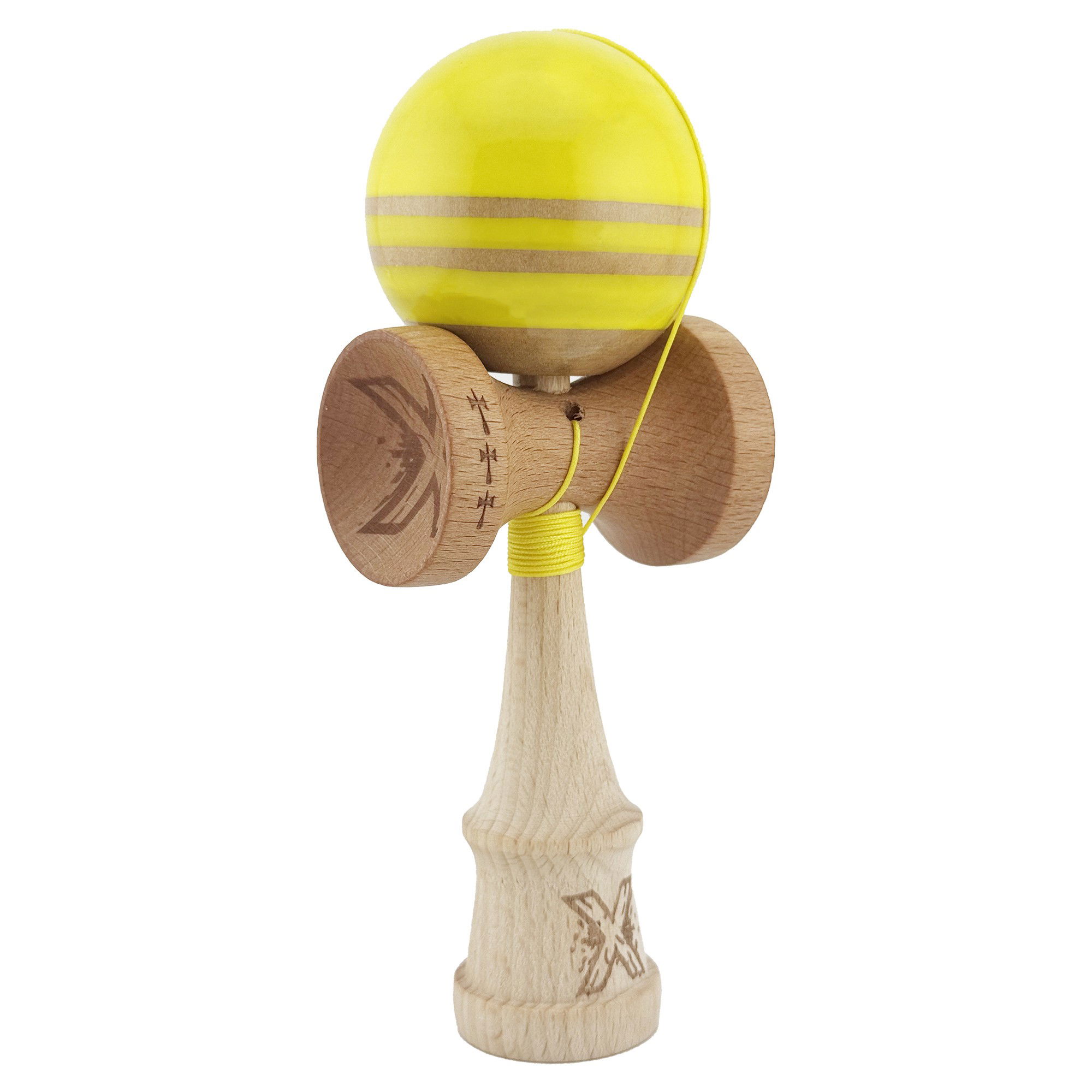 Kendama Rainbow V2 Cupe Mari - Kendama X Rainbow Originala, Profesionala, Flippy, Big Cups V2, Super Sticky cu Cupe Mari, Rulment Metalic, din lemn 18 cm, Ata 55 cm, Galben/Maro