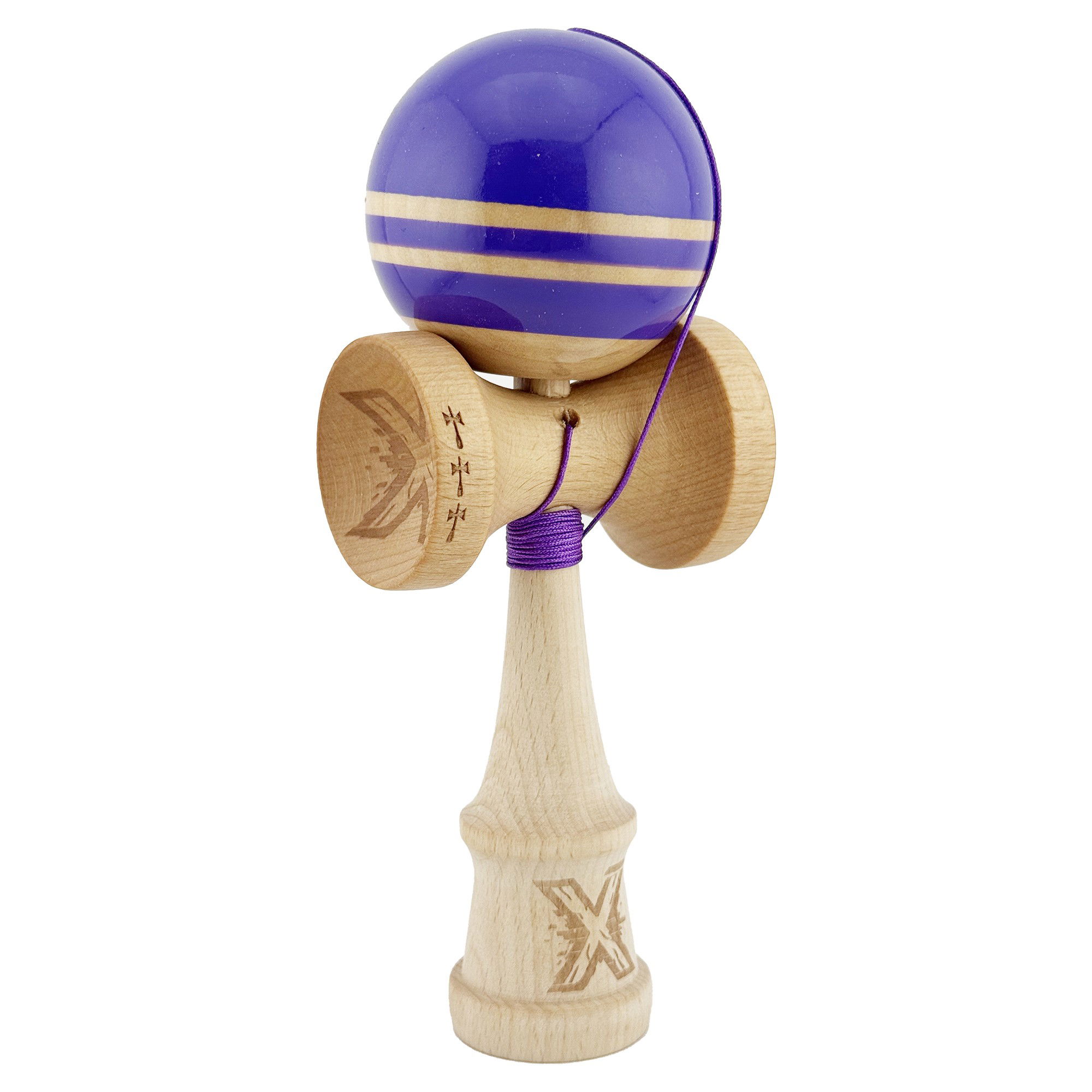 Kendama Rainbow V2 Cupe Mari - Kendama X Rainbow Originala, Profesionala, Flippy, Big Cups V2, Super Sticky cu Cupe Mari, Rulment Metalic, din lemn 18 cm, Ata 55 cm, Indigo/Maro