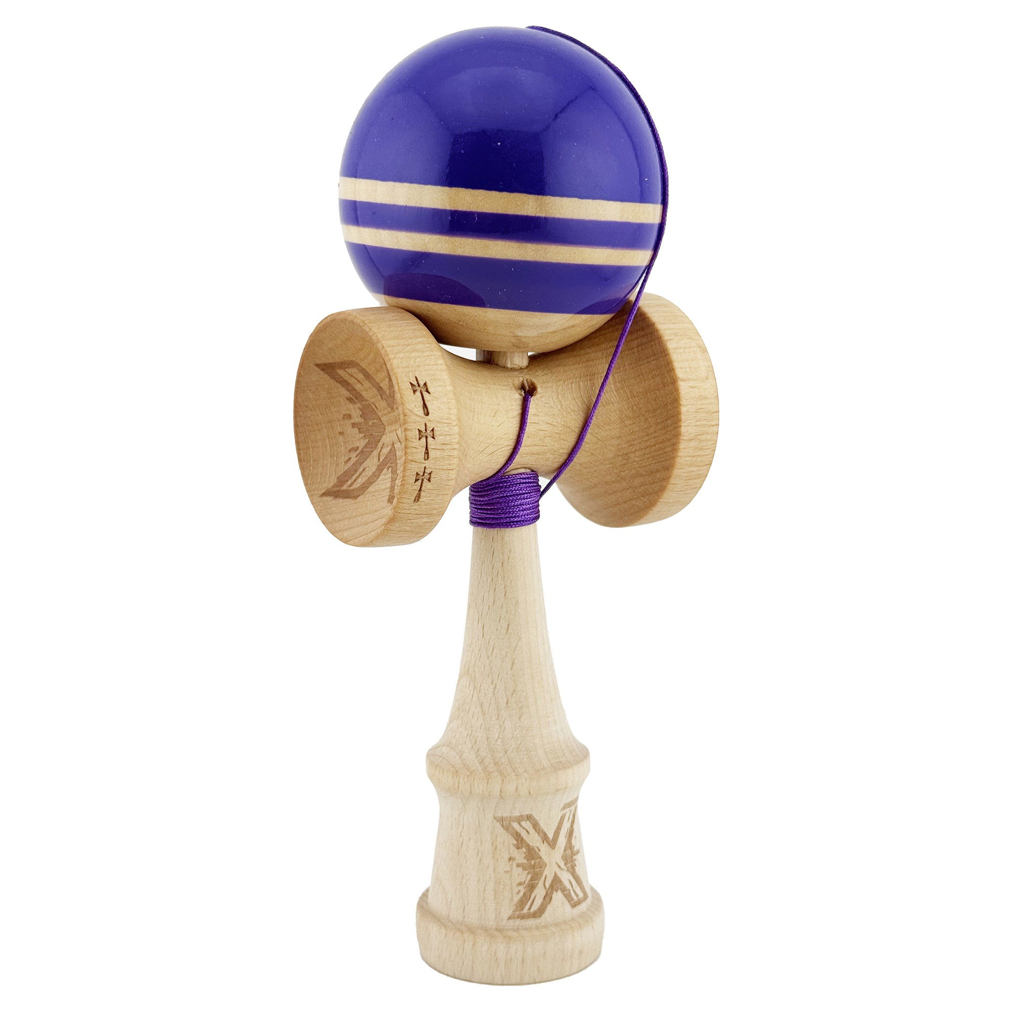 Kendama Rainbow V2 Cupe Mari - Kendama X Rainbow Originala, Profesionala, Flippy, Big Cups V2, Super Sticky cu Cupe Mari, Rulment Metalic, din lemn 18 cm, Ata 55 cm, Violet/Maro