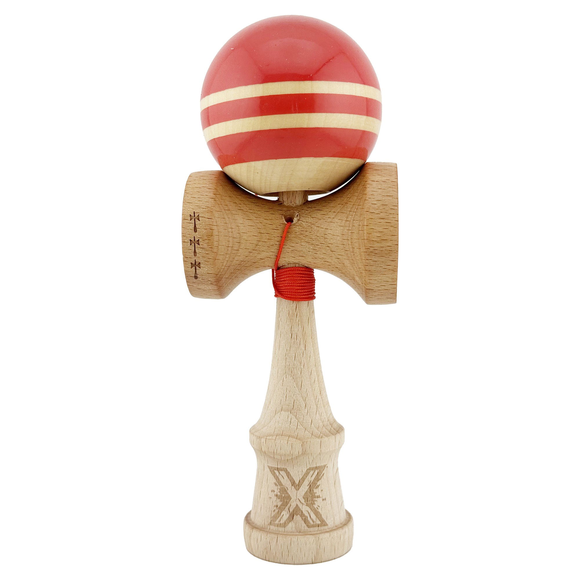Kendama Rainbow V2 Cupe Mari - Kendama X Rainbow Originala, Profesionala, Flippy, Big Cups V2, Super Sticky cu Cupe Mari, Rulment Metalic, din lemn 18 cm, Ata 55 cm, Rosu/Maro
