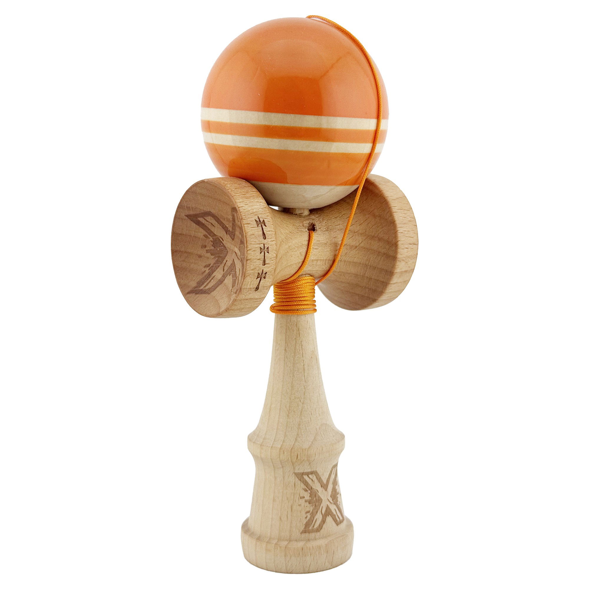 Kendama Rainbow V2 Cupe Mari - Kendama X Rainbow Originala, Profesionala, Flippy, Big Cups V2, Super Sticky cu Cupe Mari, Rulment Metalic, din lemn 18 cm, Ata 55 cm, Portocaliu/Maro