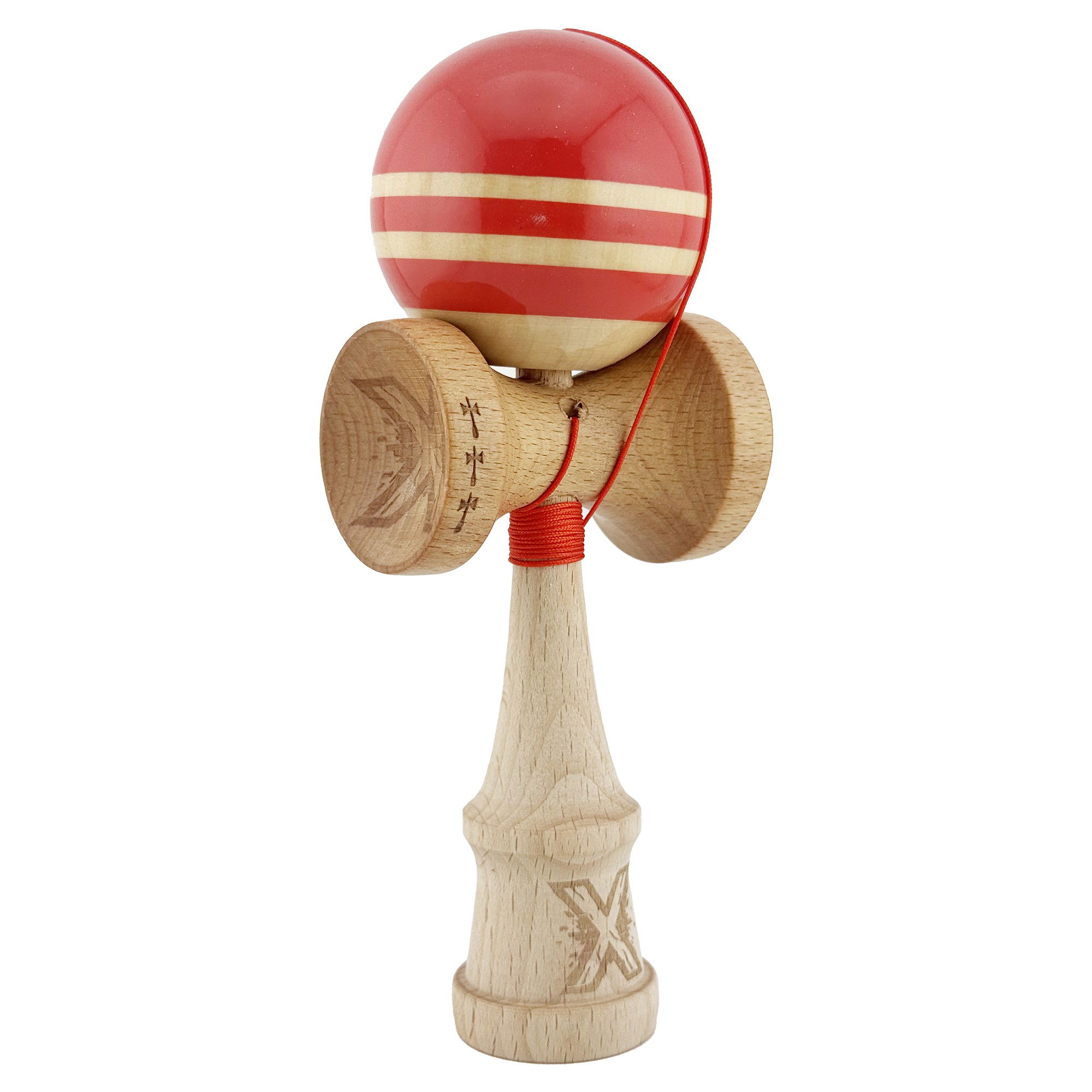 Kendama Rainbow V2 Cupe Mari - Kendama X Rainbow Originala, Profesionala, Flippy, Big Cups V2, Super Sticky cu Cupe Mari, Rulment Metalic, din lemn 18 cm, Ata 55 cm, Rosu/Maro