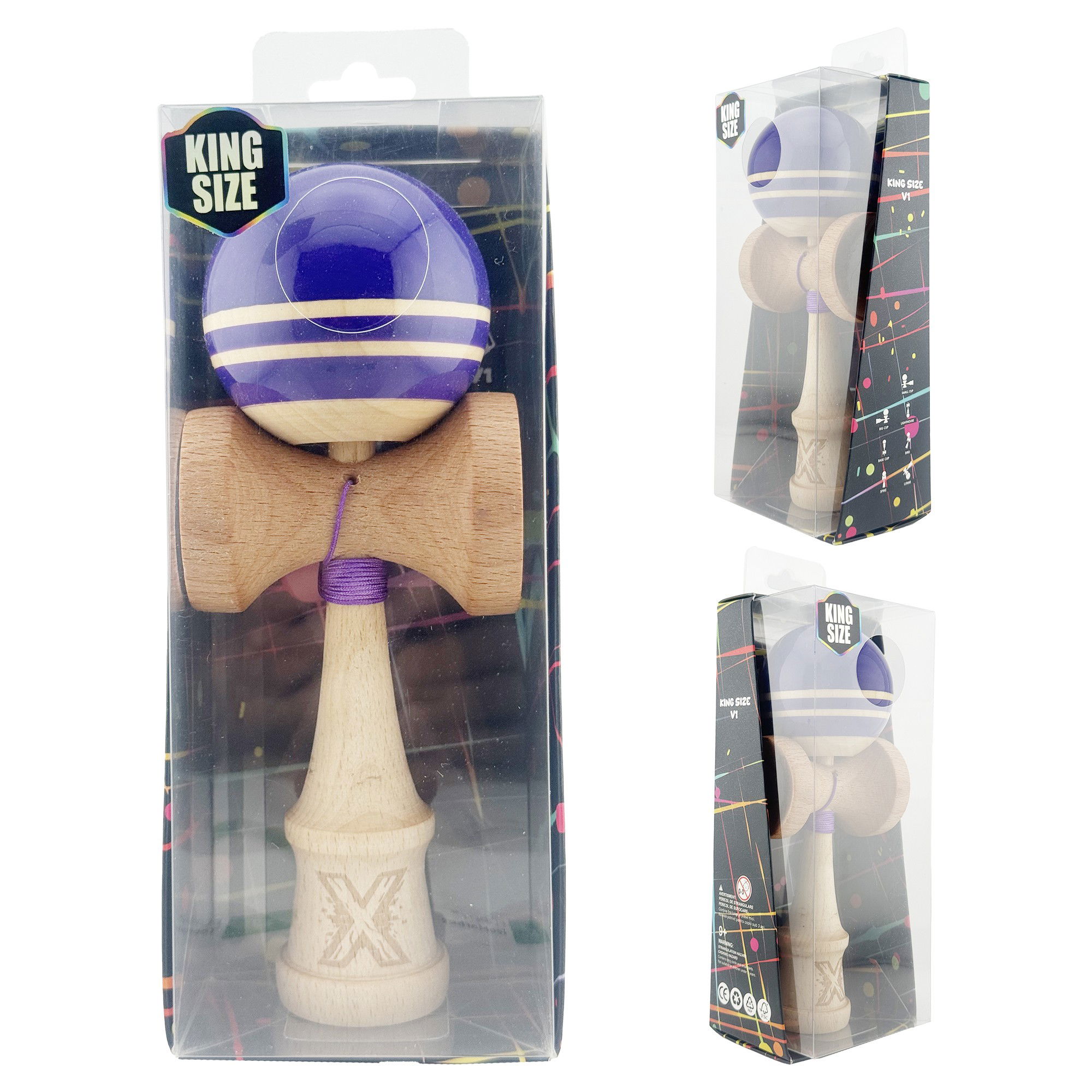 Kendama X Rainbow Originala, Profesionala, Flippy, Big Cups V2, Super Sticky cu Cupe Mari, Rulment Metalic, din lemn 18 cm, Ata 55 cm, Violet/Maro [10]
