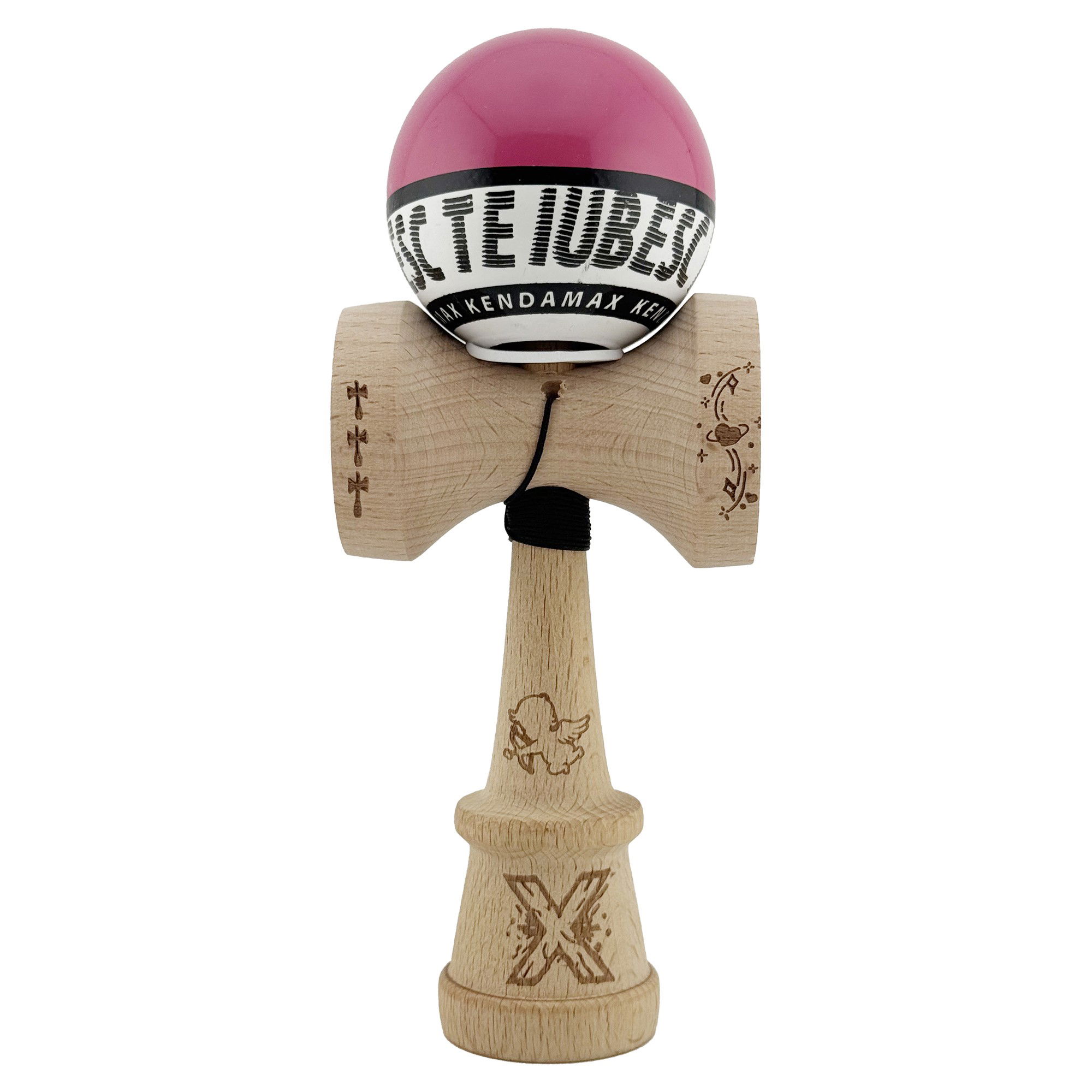 Kendama Super Sticky V3 Cupe Mari - Kendama X TE IUBESC Originala, Profesionala, Flippy, Super Sticky cu Cupe Mari KING SIZE V3, Gaura in Baza, Rulment Metalic, din lemn 18 cm, Ata 62/65 cm, Roz/Alb