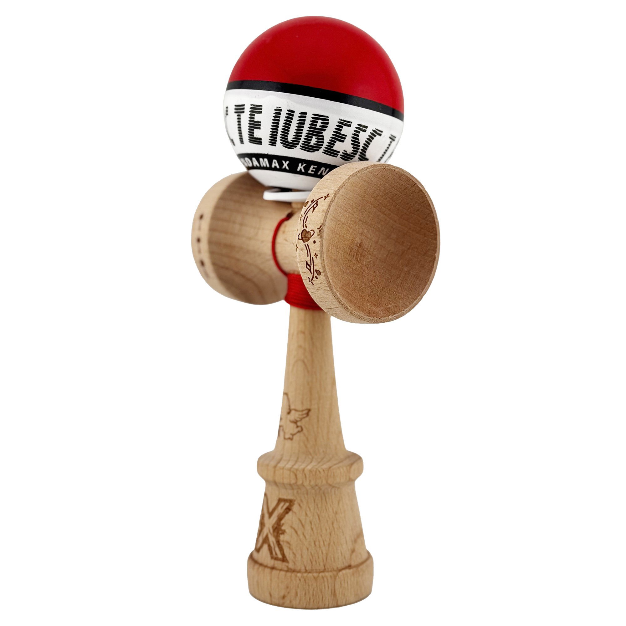 Kendama X TE IUBESC Originala, Profesionala, Flippy, Super Sticky cu Cupe Mari KING SIZE V3, Gaura in Baza, Rulment Metalic, din lemn 18 cm, Ata 62/65 cm, Rosu/Alb [3]