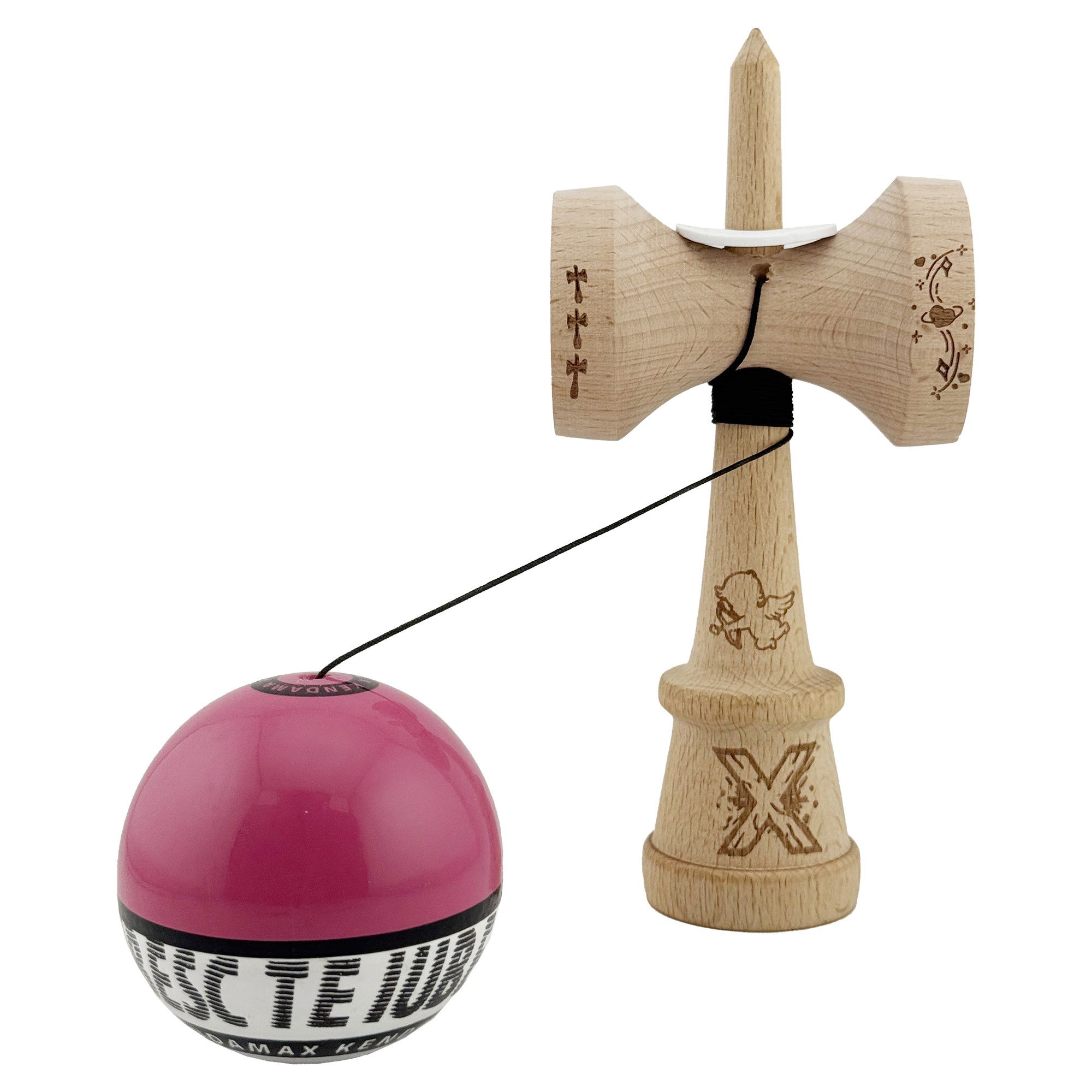 Kendama X TE IUBESC Originala, Profesionala, Flippy, Super Sticky cu Cupe Mari KING SIZE V3, Gaura in Baza, Rulment Metalic, din lemn 18 cm, Ata 62/65 cm, Roz/Alb [4]
