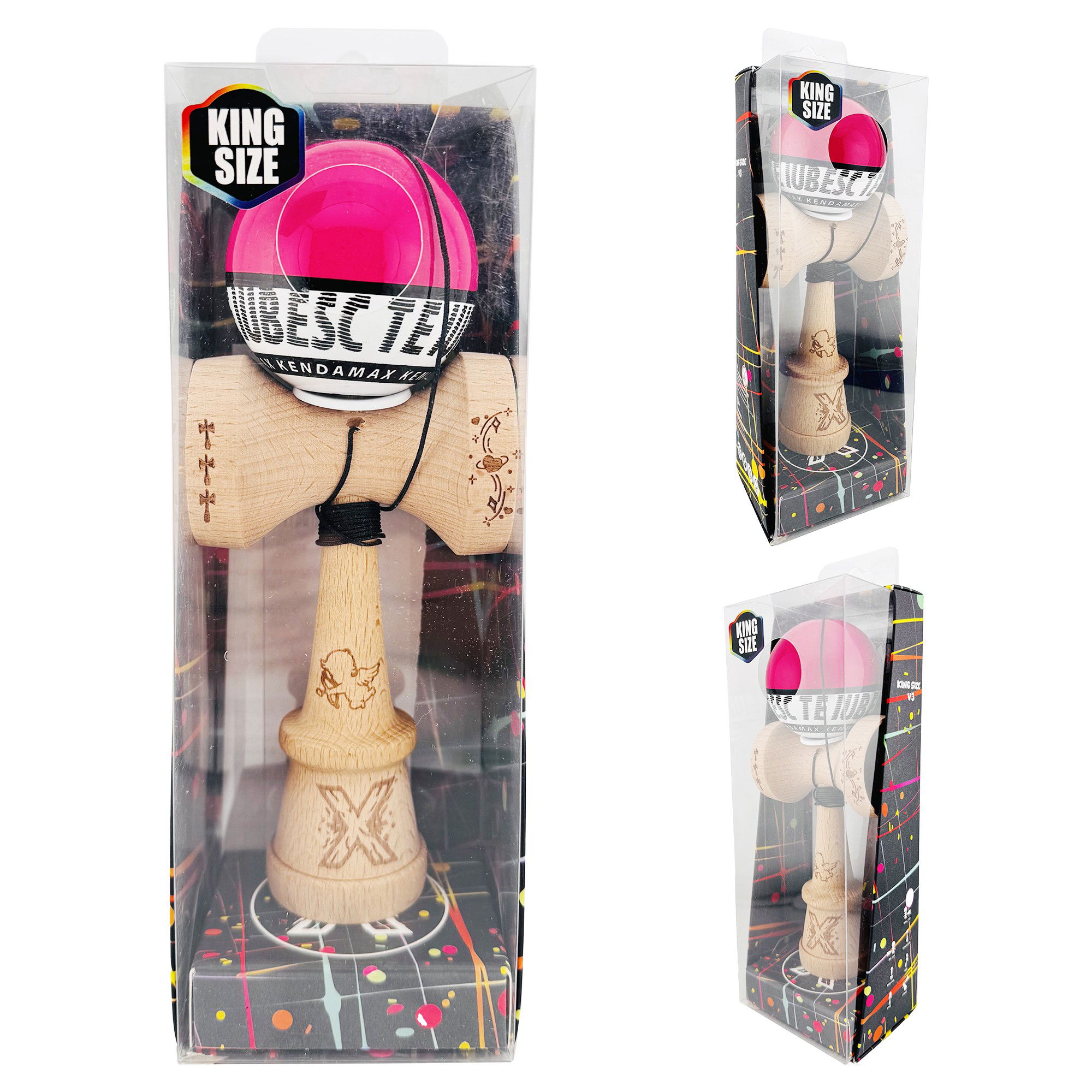Kendama X TE IUBESC Originala, Profesionala, Flippy, Super Sticky cu Cupe Mari KING SIZE V3, Gaura in Baza, Rulment Metalic, din lemn 18 cm, Ata 62/65 cm, Roz/Alb [5]