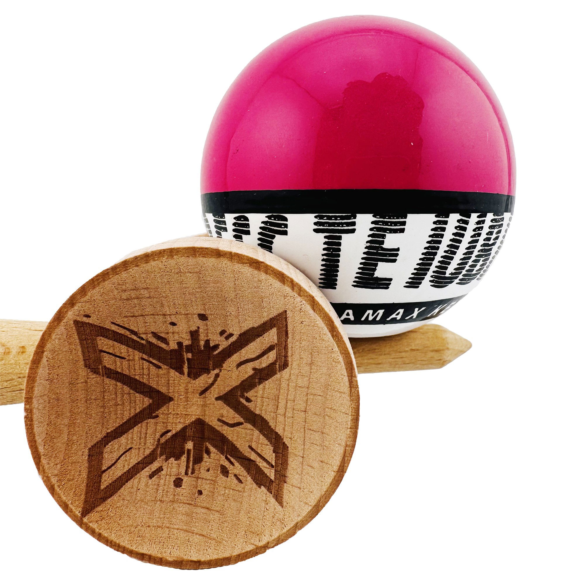 Kendama X TE IUBESC Originala, Profesionala, Flippy, Super Sticky cu Cupe Mari KING SIZE V3, Gaura in Baza, Rulment Metalic, din lemn 18 cm, Ata 62/65 cm, Roz/Alb [8]