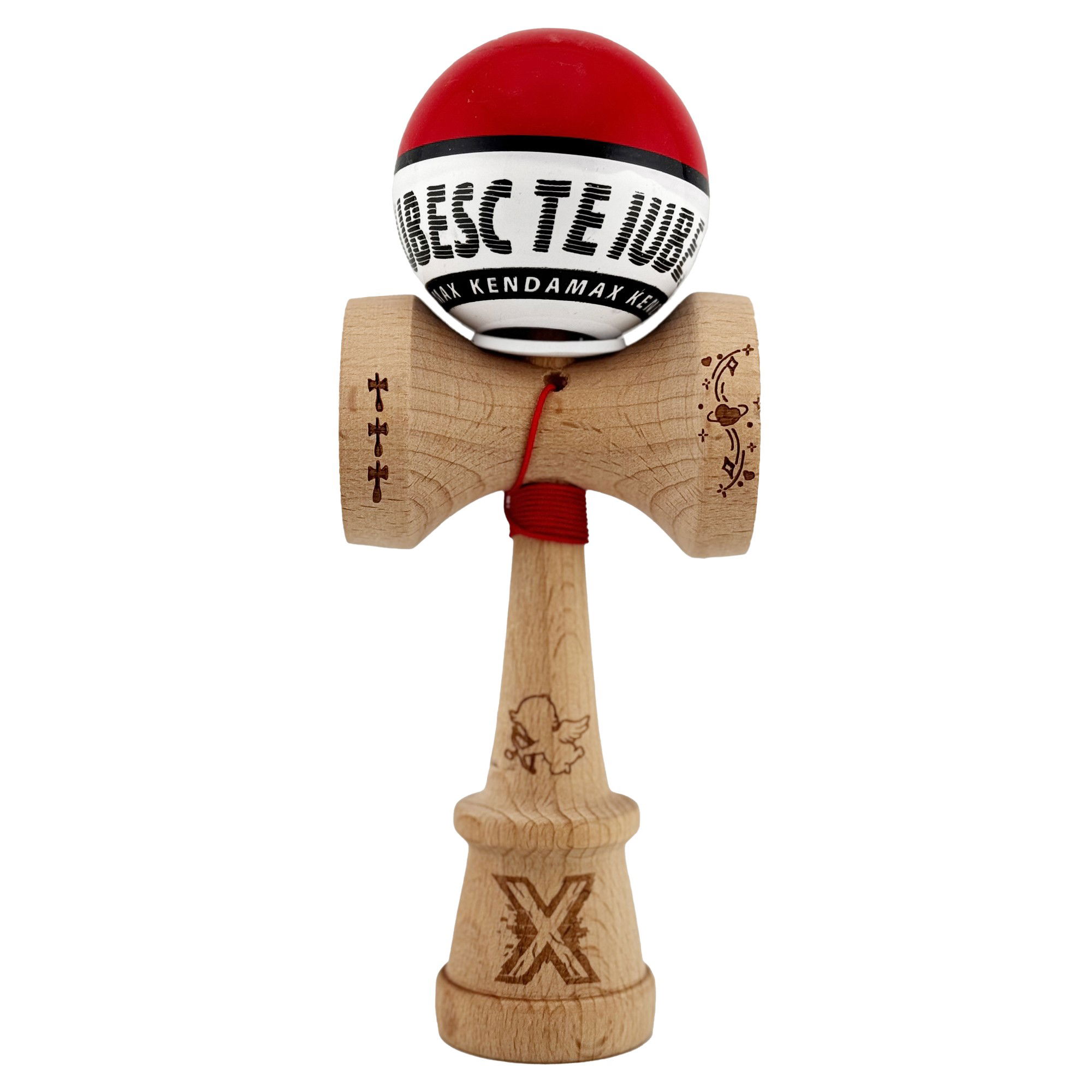 TeoMarket - Kendama X TE IUBESC Originala, Profesionala, Flippy, Super Sticky cu Cupe Mari KING SIZE V3, Gaura in Baza, Rulment Metalic, din lemn 18 cm, Ata 62/65 cm, Rosu/Alb