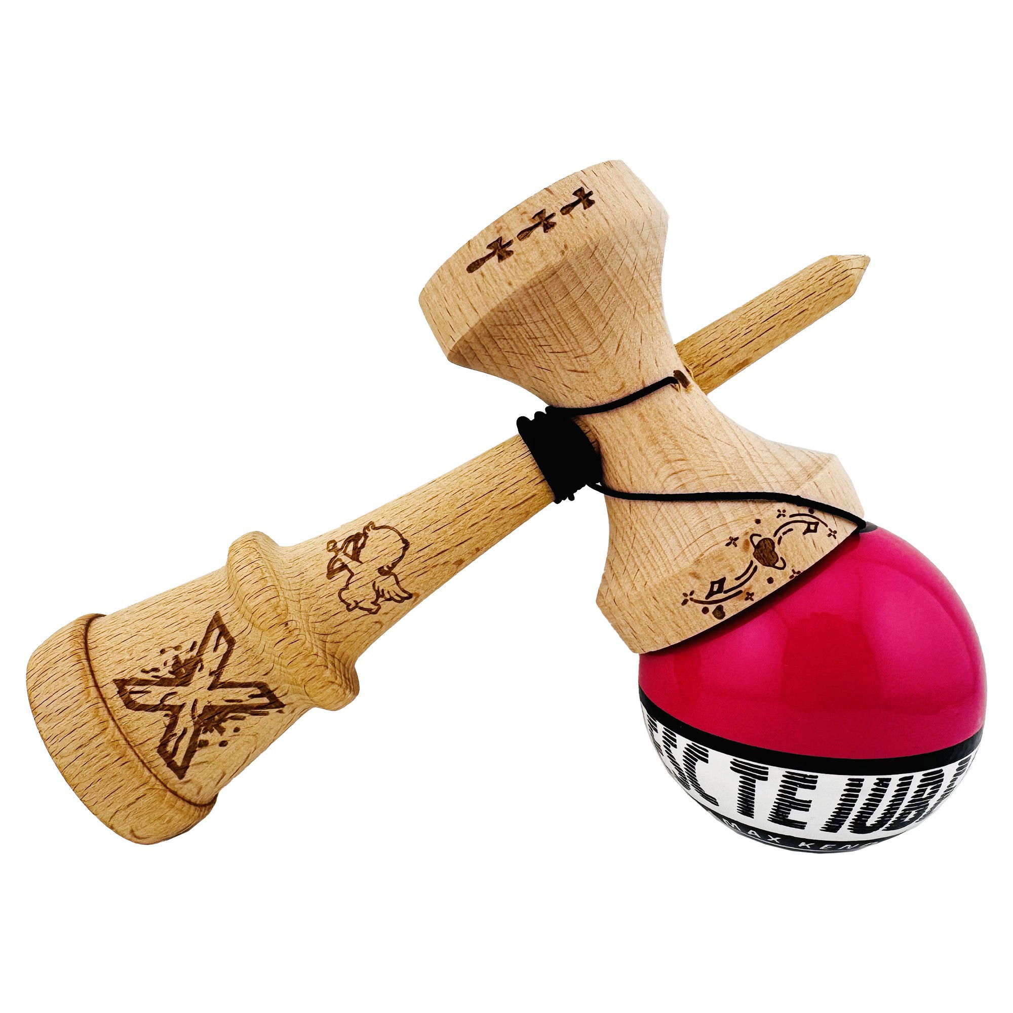 Kendama X TE IUBESC Originala, Profesionala, Flippy, Super Sticky cu Cupe Mari KING SIZE V3, Gaura in Baza, Rulment Metalic, din lemn 18 cm, Ata 62/65 cm, Roz/Alb [11]