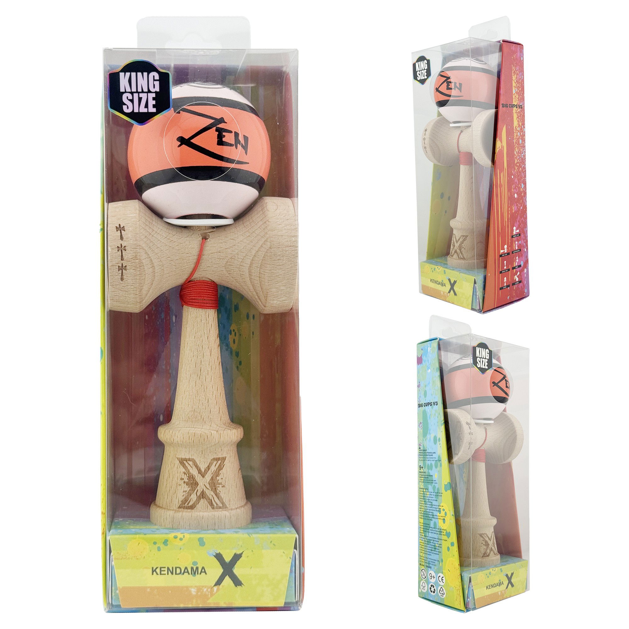 Kendama X Zen Series Originala, Profesionala, Flippy, Cupe Mari KING SIZE V3, Super Sticky, Gaura in Baza, Rulment Metalic, din lemn 18 cm, Ata 62/65 cm, Coral [5]