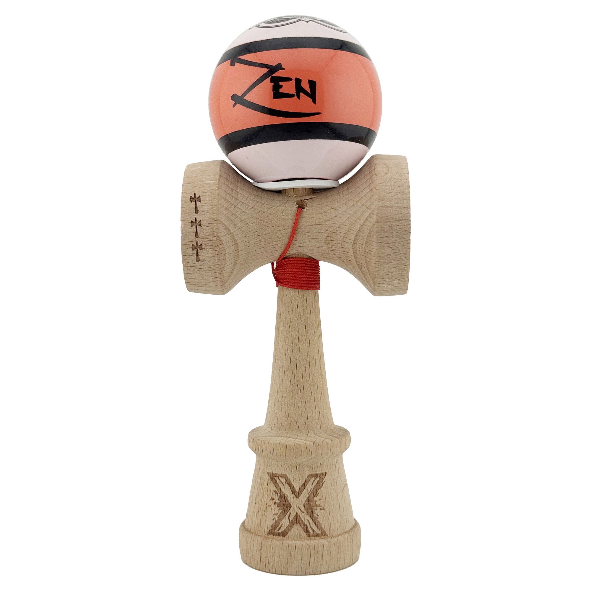 Kendama Zen V3 Cupe Mari - Kendama X Zen Series Originala, Profesionala, Flippy, Cupe Mari KING SIZE V3, Super Sticky, Gaura in Baza, Rulment Metalic, din lemn 18 cm, Ata 62/65 cm, Coral