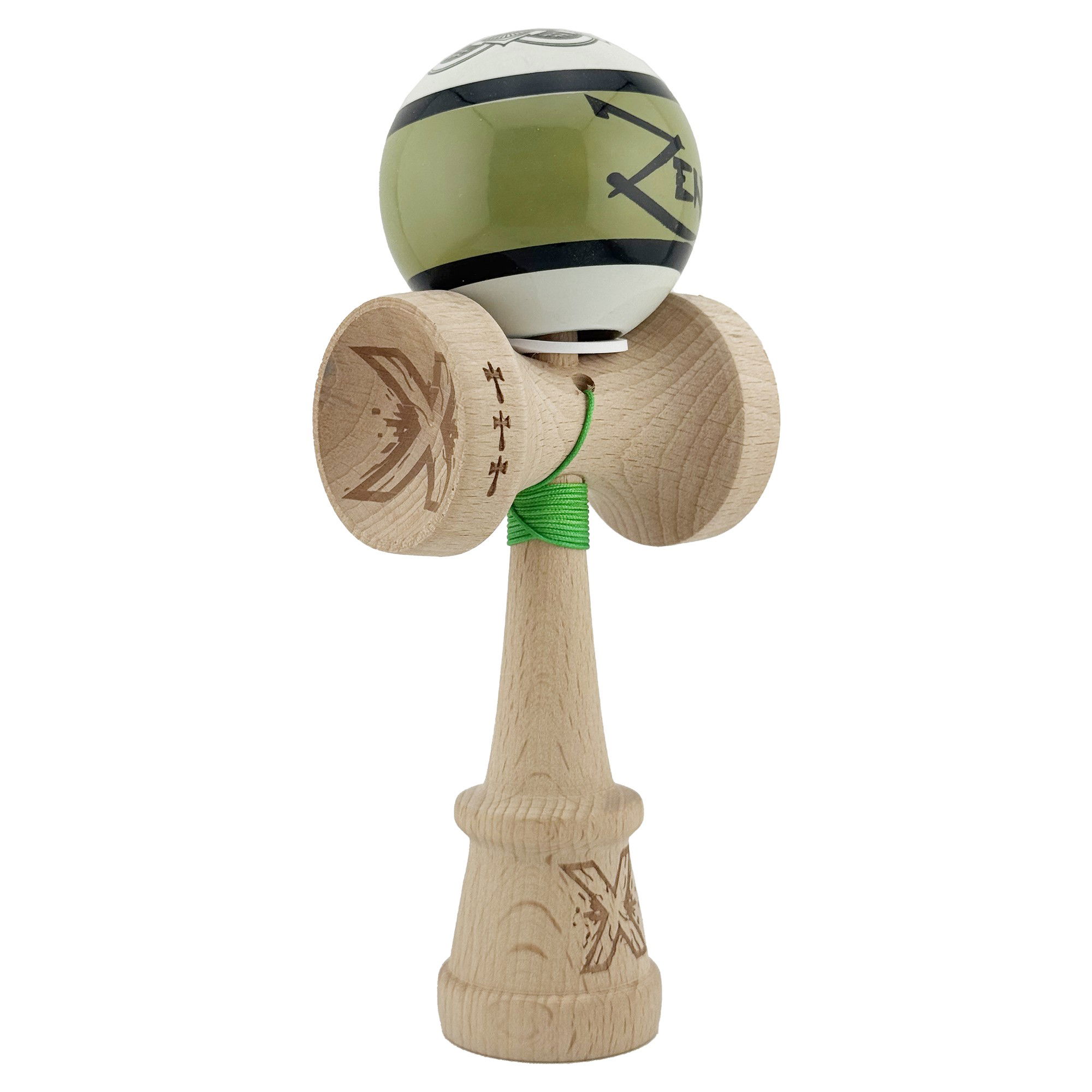 Kendama Zen V3 Cupe Mari - Kendama X Zen Series Originala, Profesionala, Flippy, Cupe Mari KING SIZE V3, Super Sticky, Gaura in Baza, Rulment Metalic, din lemn 18 cm, Ata 62/65 cm, Verde