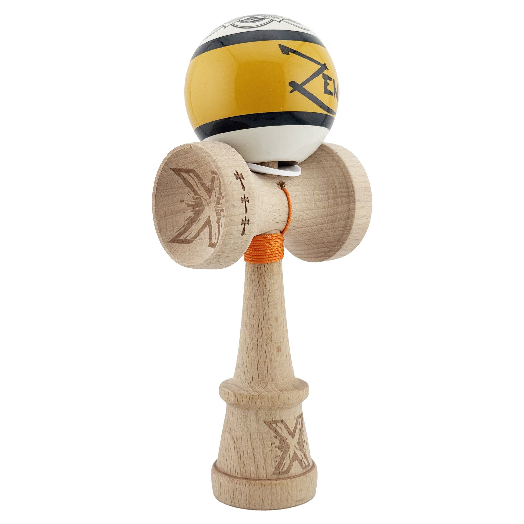 Kendama Zen V3 Cupe Mari - Kendama X Zen Series Originala, Profesionala, Flippy, Cupe Mari KING SIZE V3, Super Sticky, Gaura in Baza, Rulment Metalic, din lemn 18 cm, Ata 62/65 cm, Auriu
