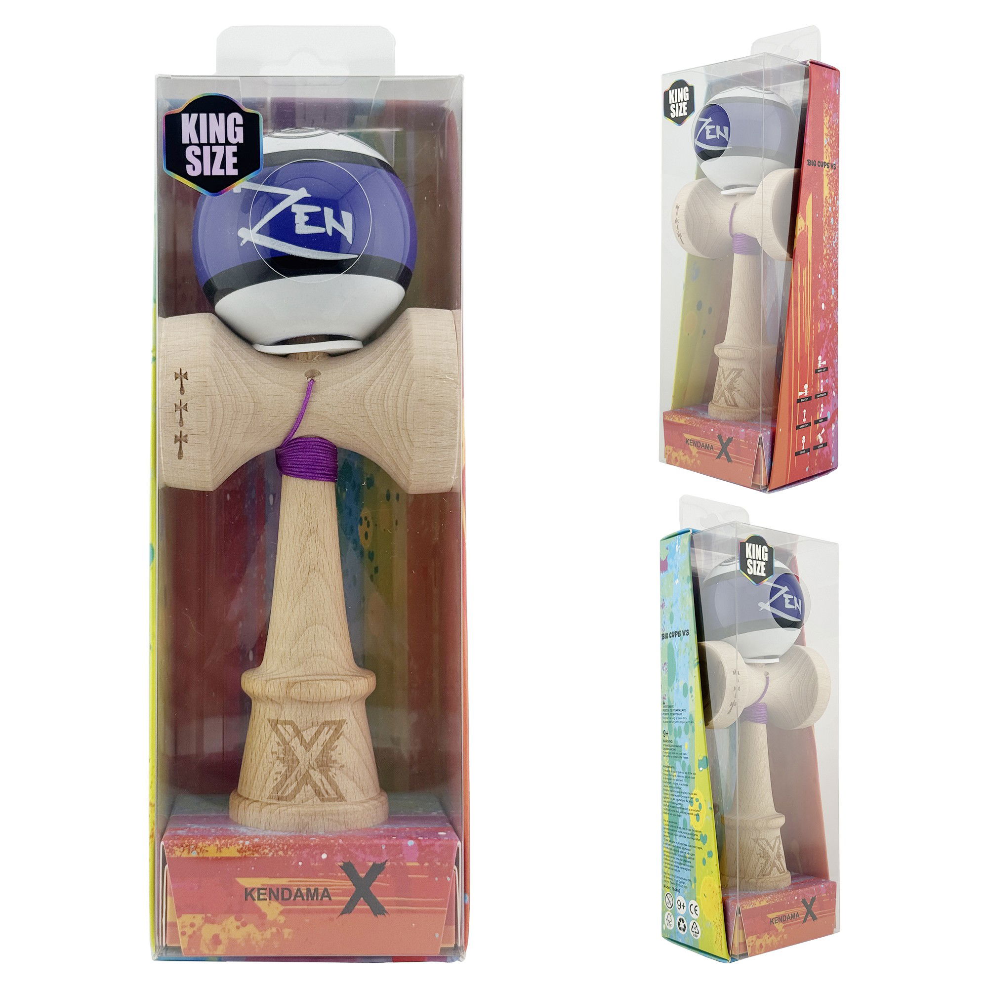 Kendama X Zen Series Originala, Profesionala, Flippy, Cupe Mari KING SIZE V3, Super Sticky, Gaura in Baza, Rulment Metalic, din lemn 18 cm, Ata 62/65 cm, Violet [5]