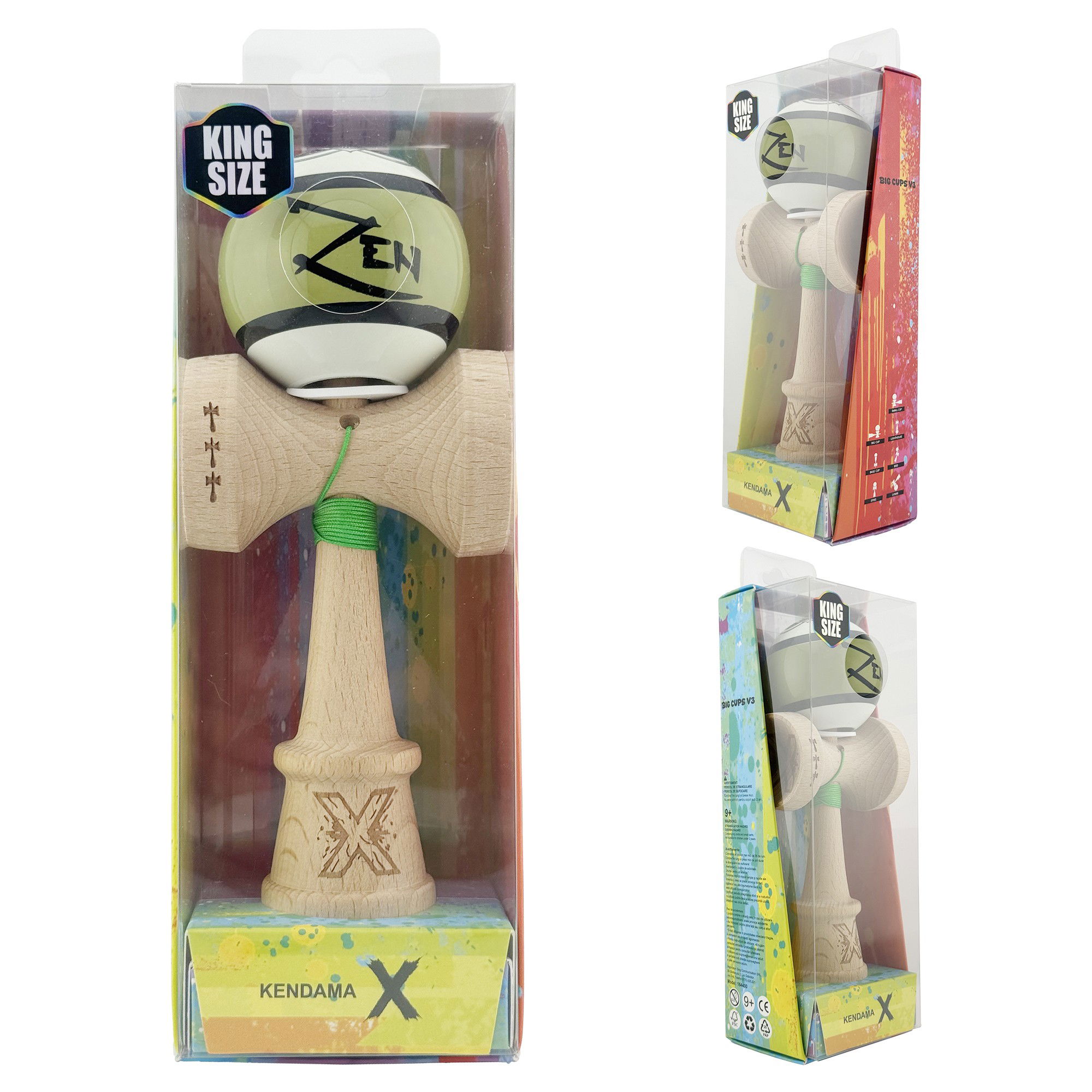 Kendama X Zen Series Originala, Profesionala, Flippy, Cupe Mari KING SIZE V3, Super Sticky, Gaura in Baza, Rulment Metalic, din lemn 18 cm, Ata 62/65 cm, Verde [5]