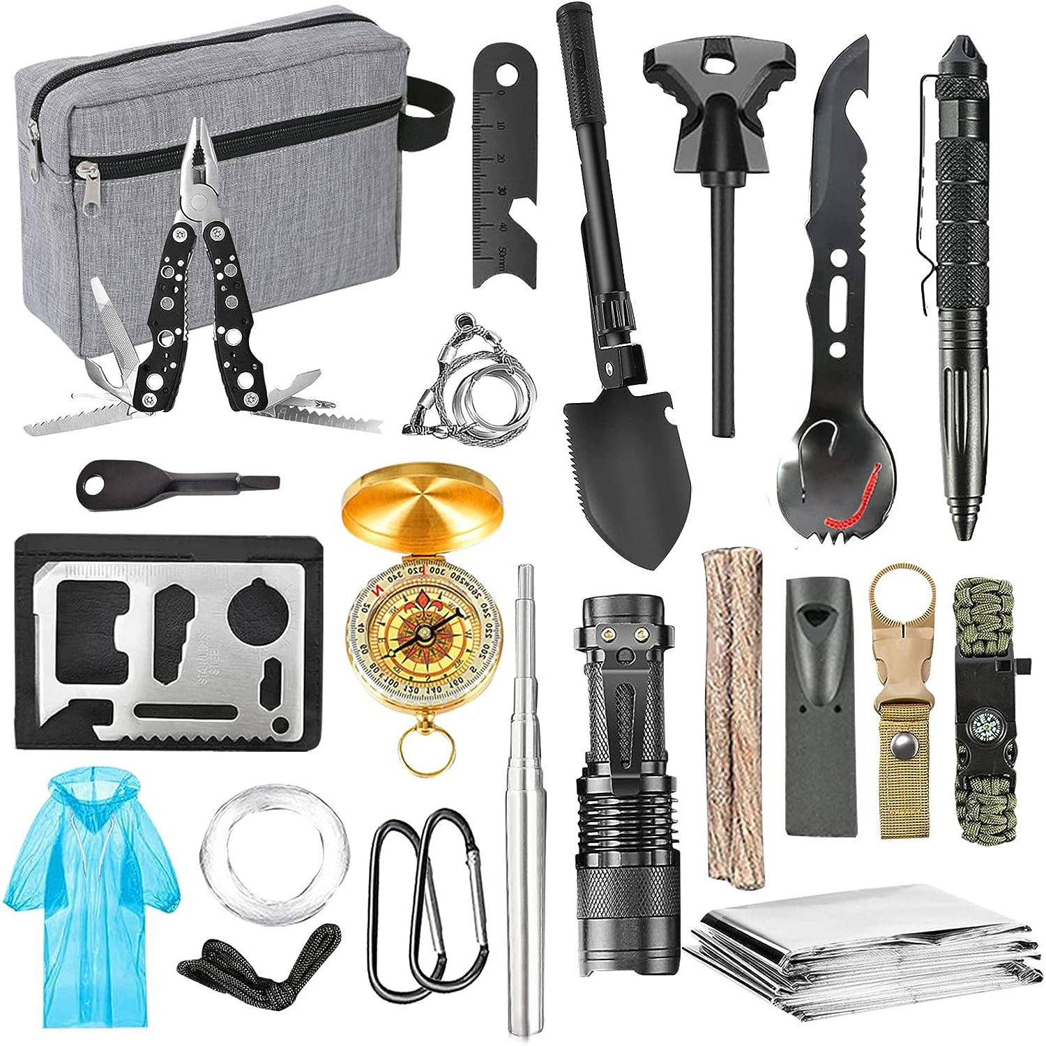 Pentru casa - Kit supravietuire multifunctional Flippy, Instrumente profesionale, Agatatoare ghiozdan, pentru Camping, Drumetii, Aventuri in aer liber, borseta inclusa, gri