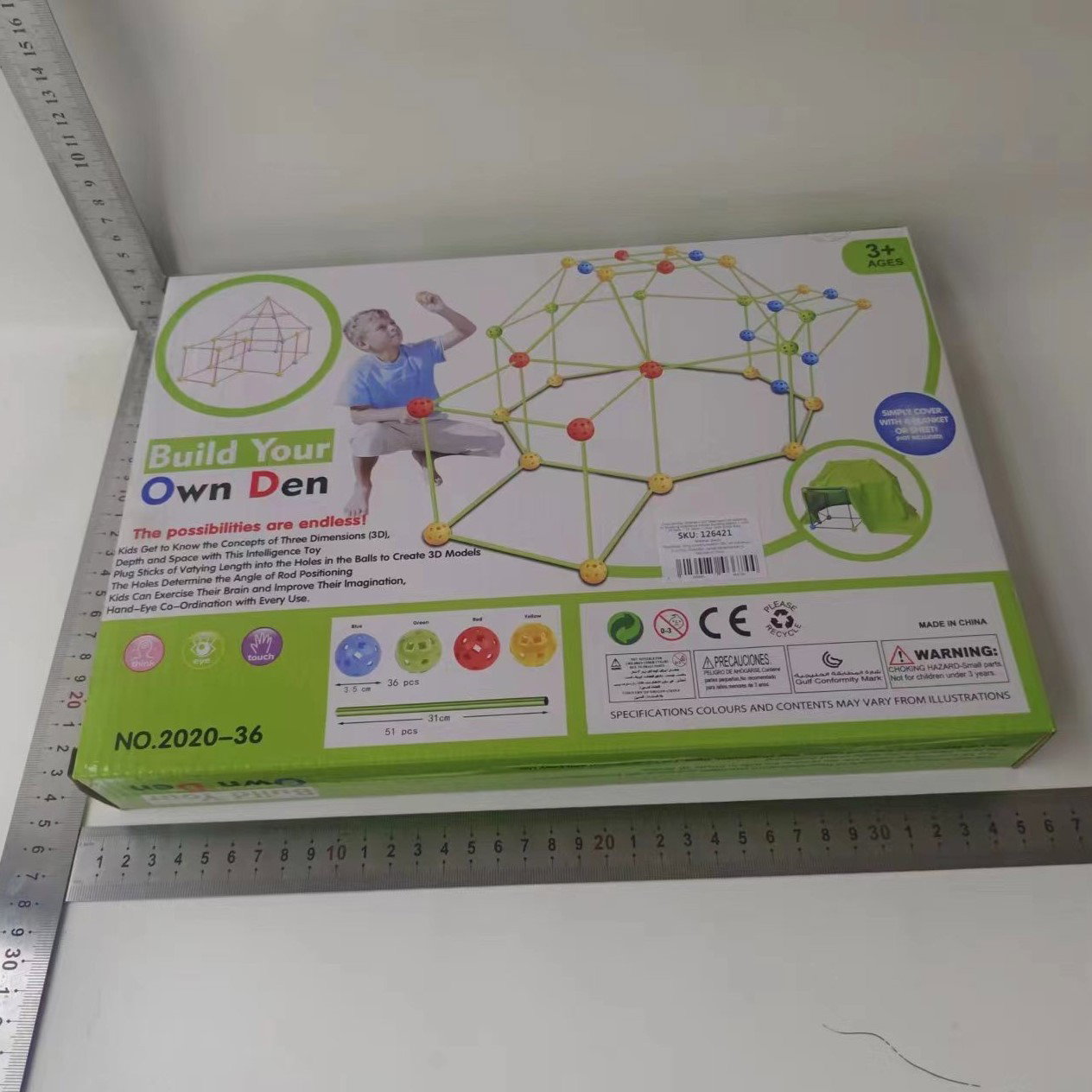 Jucarii Senzoriale, Fidget Toys - Kit de Constructie Fort 3D pentru Copii, Flippy, 560 g, 36 Sfere, 51 Tije, Panza Verde Impermeabil, 3 ani, Educativ, Multicolor