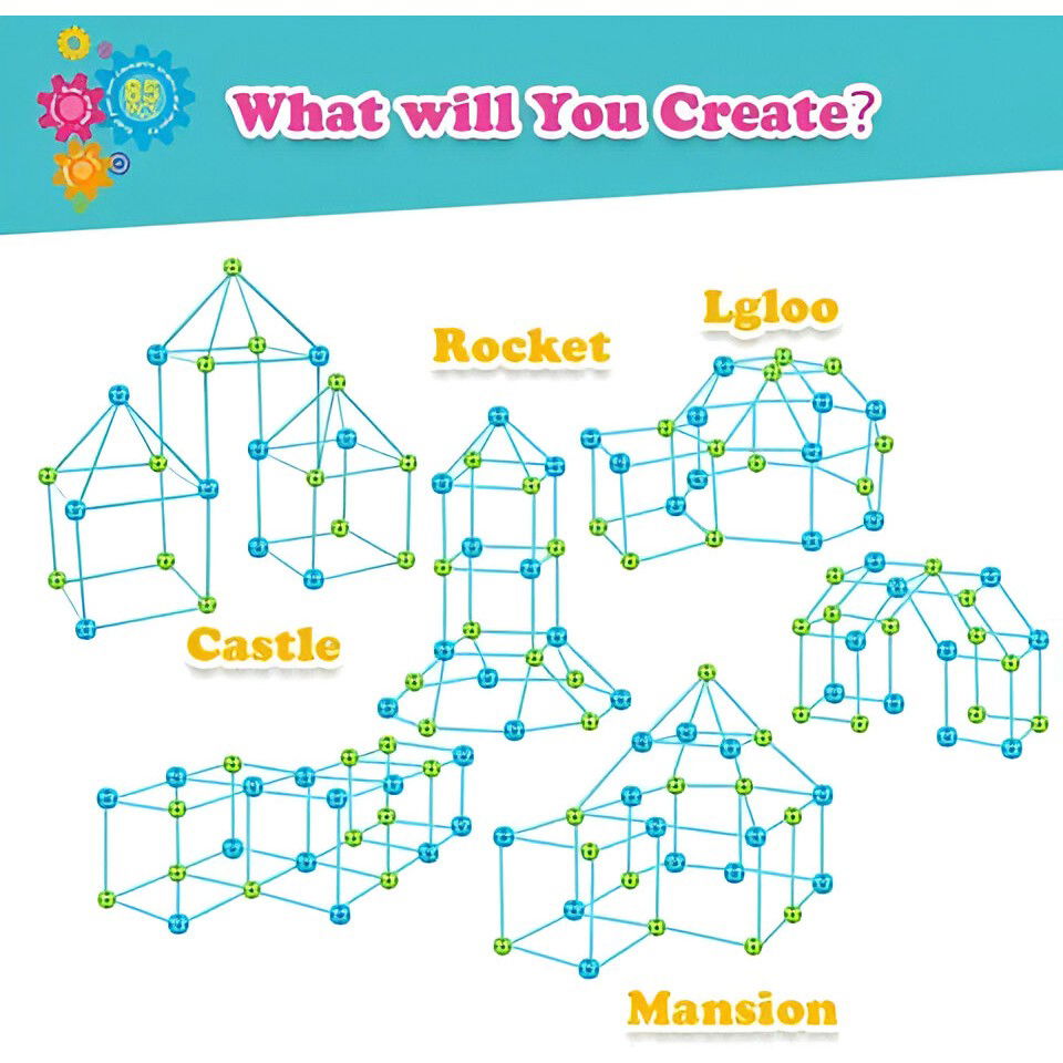 Kit de Constructie Fort 3D pentru Copii, Flippy, 560 g, 36 Sfere, 51 Tije, Panza Verde Impermeabil, 3 ani, Educativ, Multicolor [6]