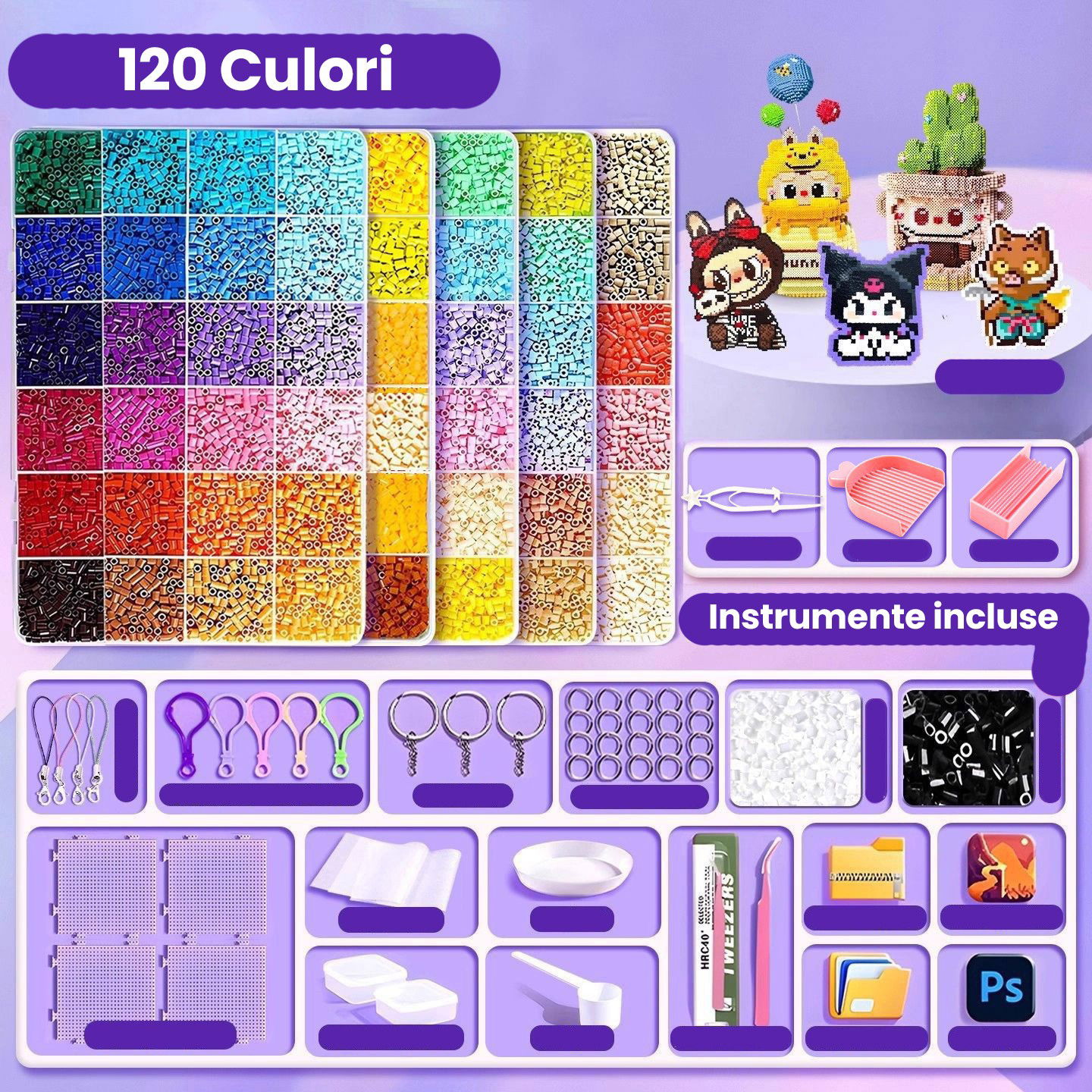 Jucarii Creative - Kit de Margele Perle, Flippy, Set DIY 3D din 120 de Culori, 10000 de piese, Instrumente pentru Margele Incluse, 2.6 mm in cutie, Multicolor