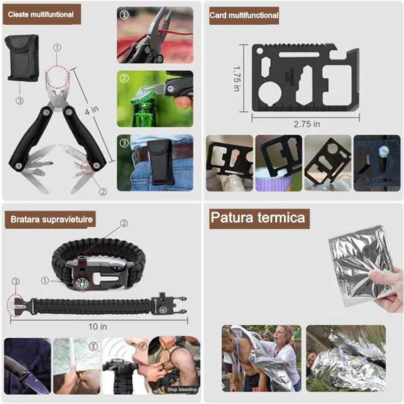 Pentru casa - Kit supravietuire multifuncional Flippy, 42 de Instrumente Profesionale, Echipament de prim-ajutor, Drumetie, Camping