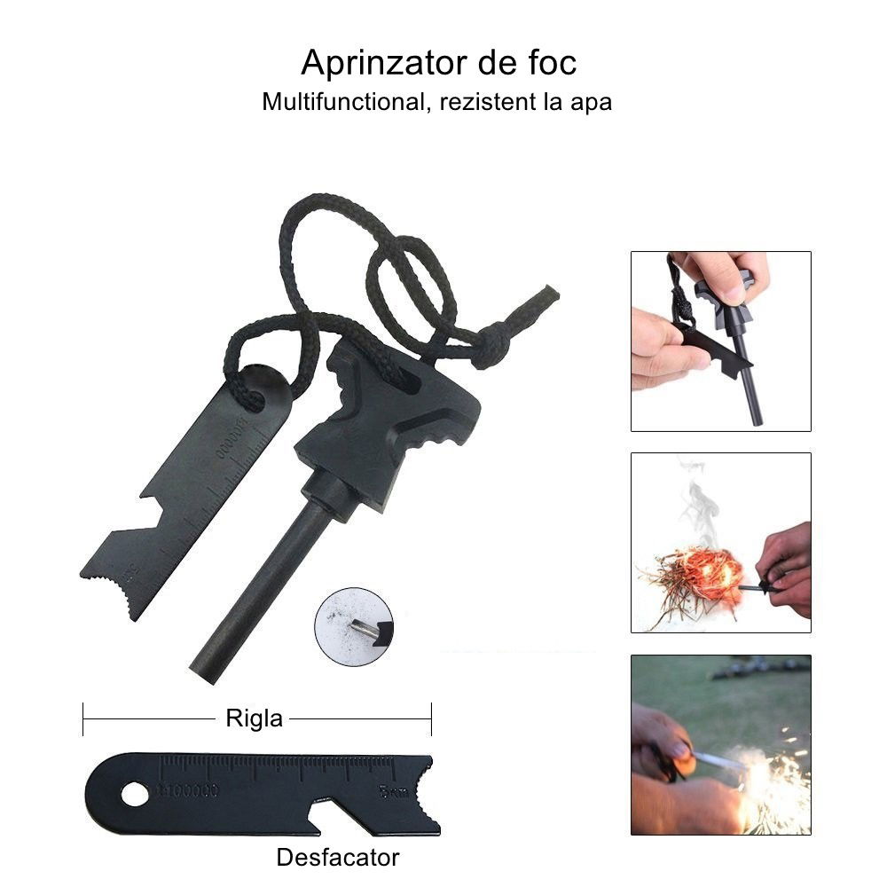 Kit supravietuire multifuncional Flippy, 42 de Instrumente Profesionale, Echipament de prim-ajutor, Drumetie, Camping, Negru [8]