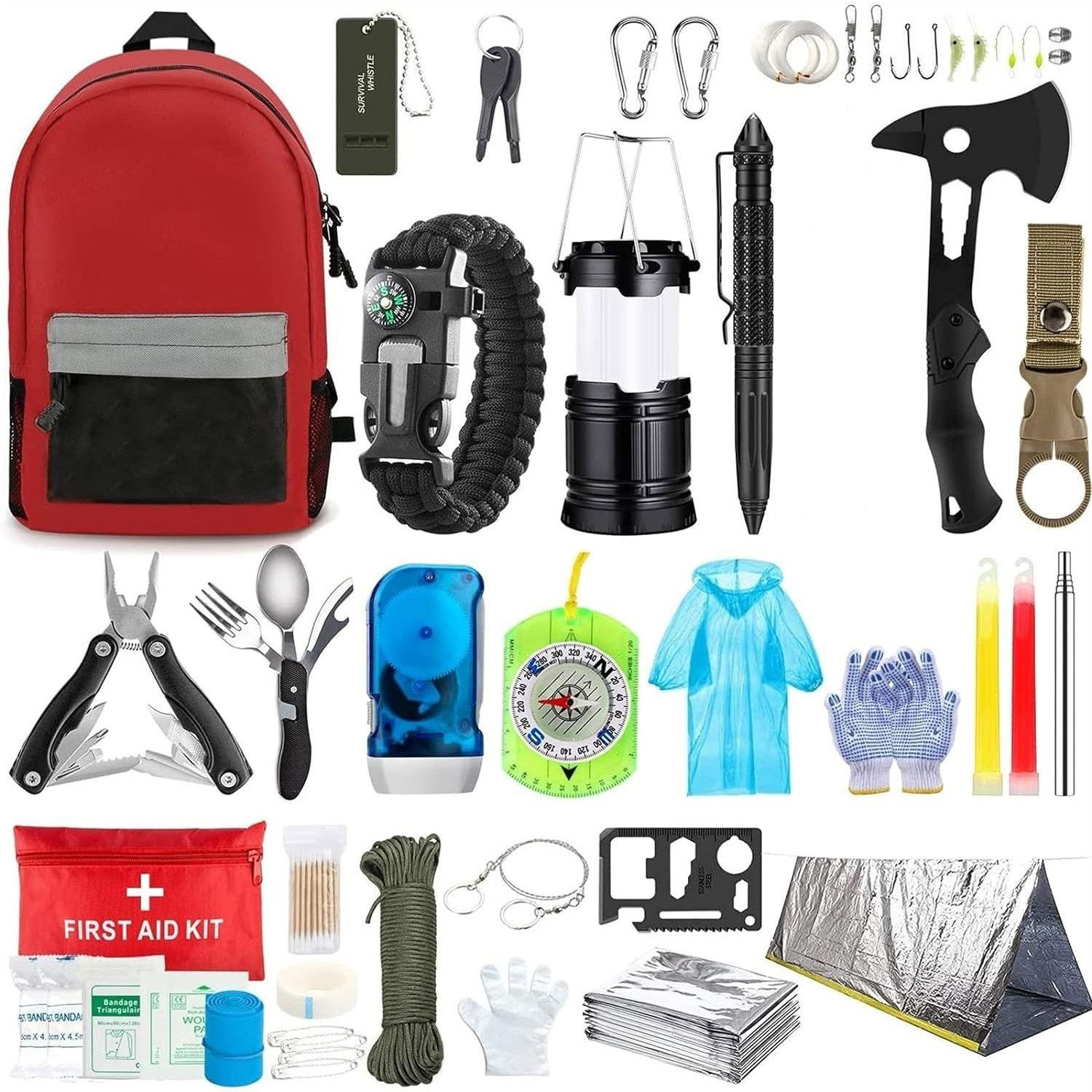 Pentru casa - Kit supravietuire multifunctional Flippy, Instrumente profesionale, Agatatoare ghiozdan, pentru Camping, Drumetii, Aventuri in aer liber, borseta inclusa, gri