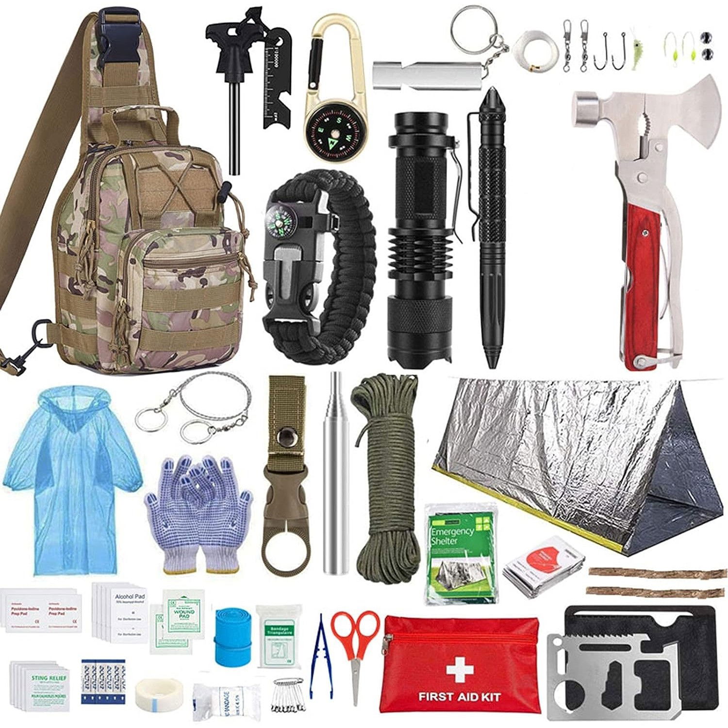 Pentru casa - Kit supravietuire multifunctional Flippy, Instrumente profesionale, Trusa de Prim-Ajutor, pentru Camping, Drumetii, Aventuri in aer liber, borseta inclusa, model army