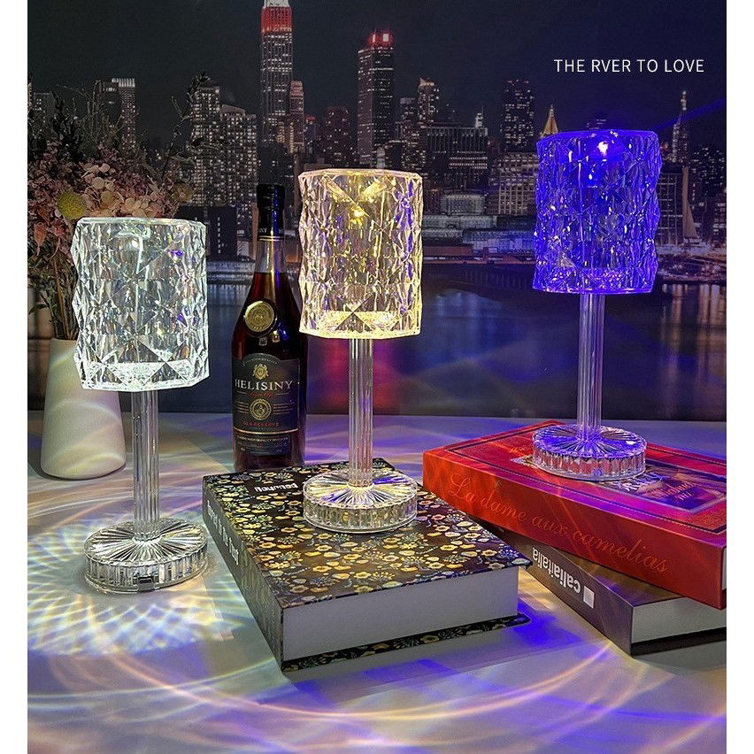 Lampi de veghe - Lampa de birou pe LED RGB 16, Flippy, dimmer tactil, 3 nivele de intensitate, incarcare USB, 3W, Cristal Acrilic, 13x28 cm, cu telecomanda, forma veioza, transparent