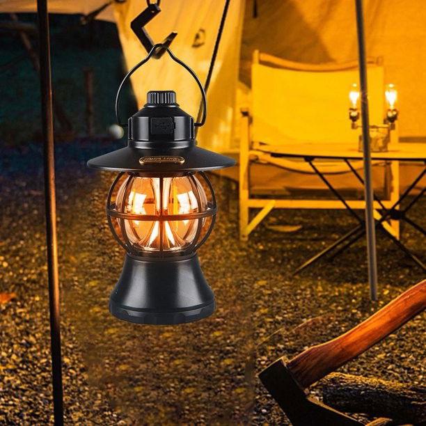 Articole pentru Gradina si Bricolaj - Lampă de camping retro portabilă, Felinar Vintage LED ABS, Acumulator inclus 1200 mAh, reincarcabila, 20 cm inaltime, 3 moduri de iluminare, intensitate reglabila,Lampa portabila pentru cort în aer li