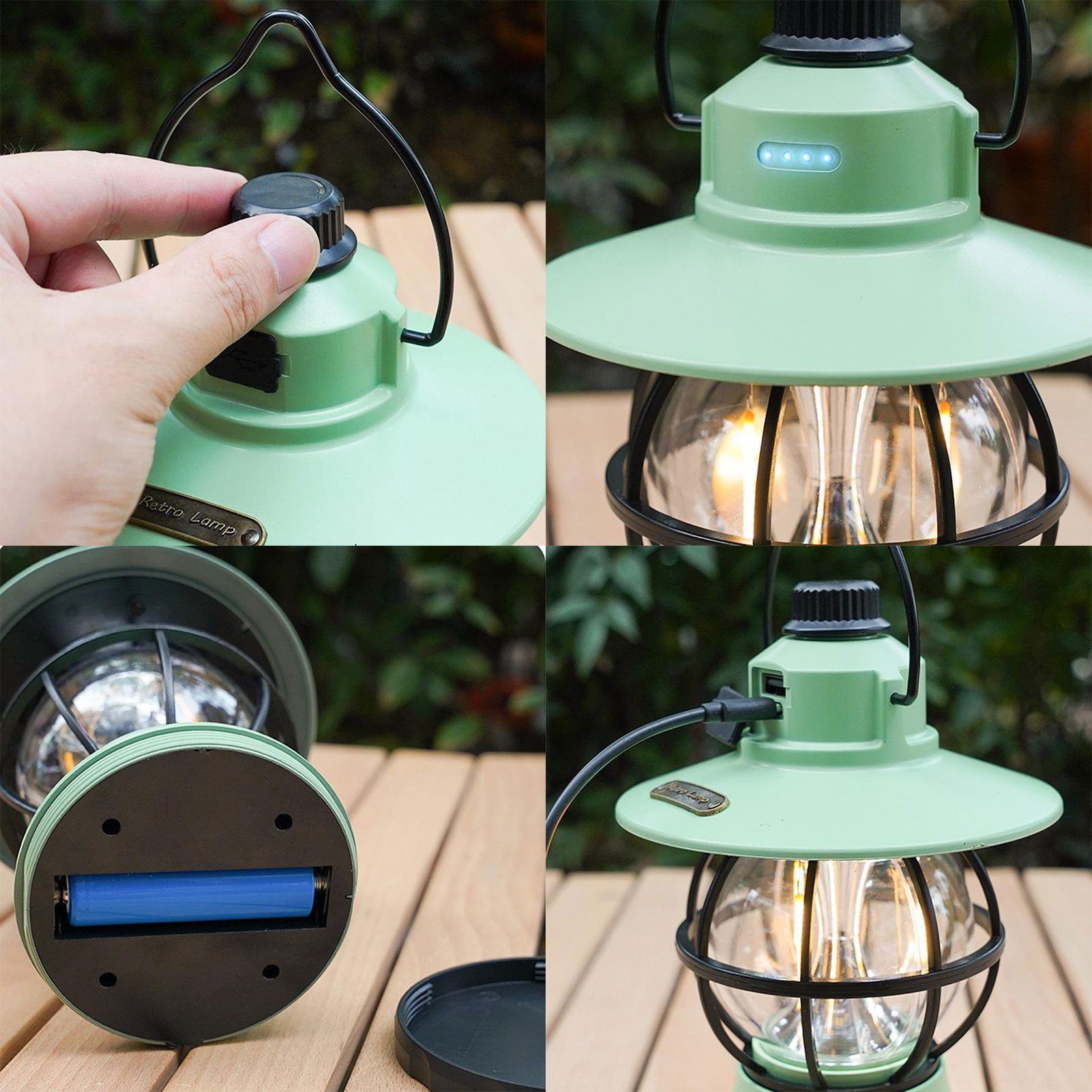 Lampă de camping retro portabilă, Felinar Vintage LED ABS, Acumulator inclus 1200 mAh, reincarcabila, 3 moduri de iluminare, intensitate reglabila,Lampa portabila pentru cort în aer liber, Mint [3]