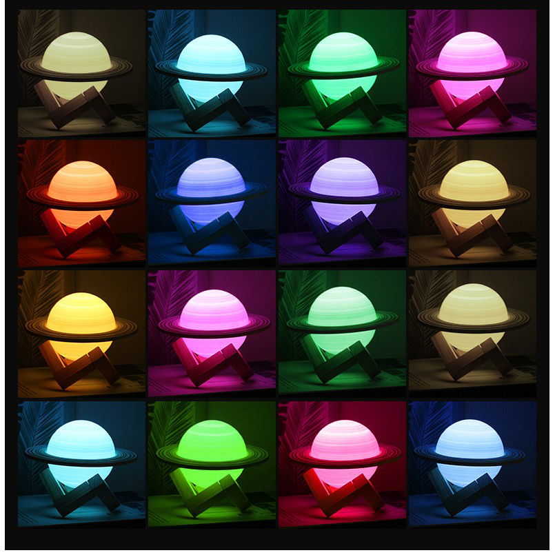 Lampi de veghe - Lampa de veghe cu telecomanda in forma de Saturn 3D Saturn Light 16 culori, alimentare baterii, stand lemn inclus, 15 cm, Flippy