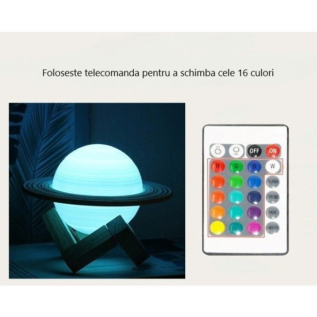 Lampa de veghe cu telecomanda in forma de Saturn 3D Saturn Light 16 culori, alimentare baterii, stand lemn inclus, 15 cm, Flippy [9]