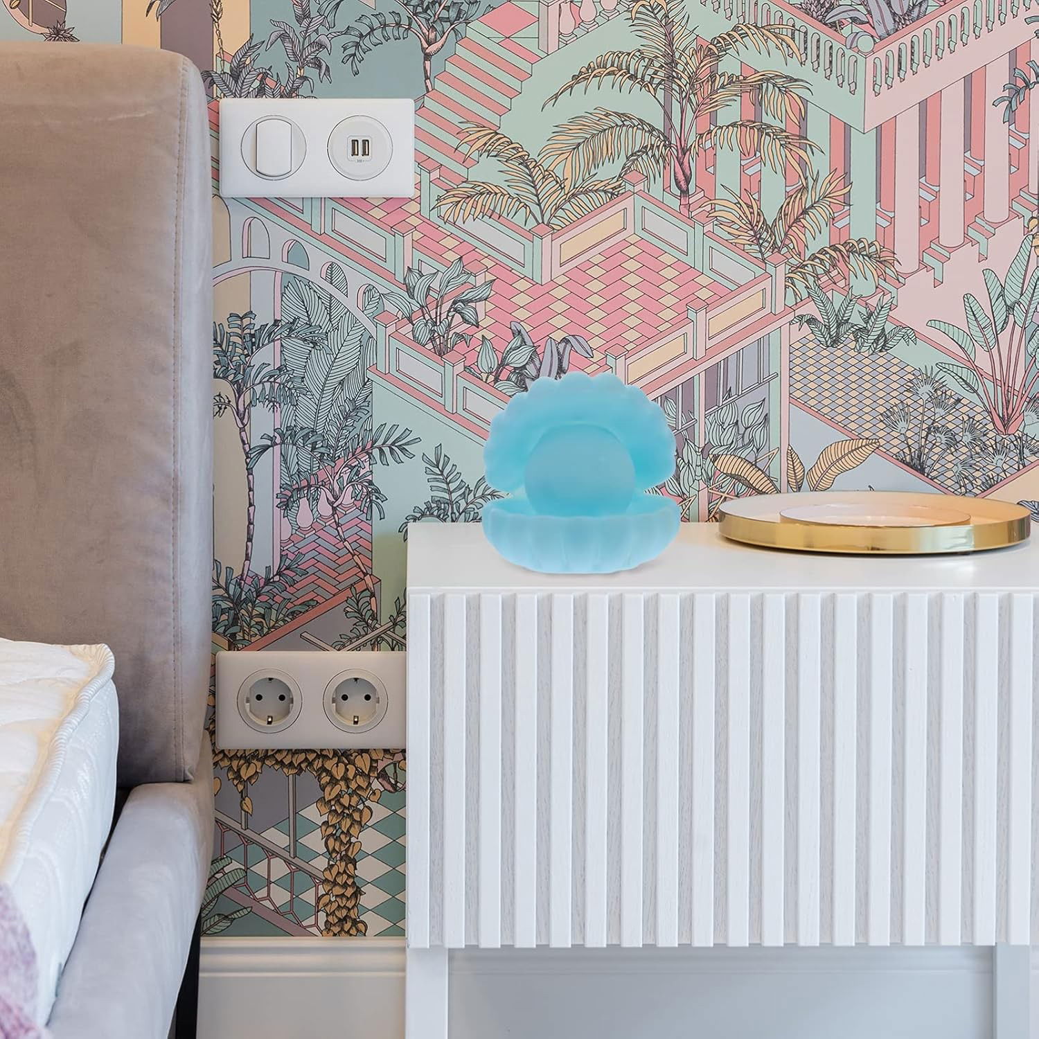 Lampa de Veghe, Flippy, Model Scoica cu Perla, Lumina Calda, 10 x 8.5 cm, Led, Baterii Incluse 3 x LR44, Albastru [6]