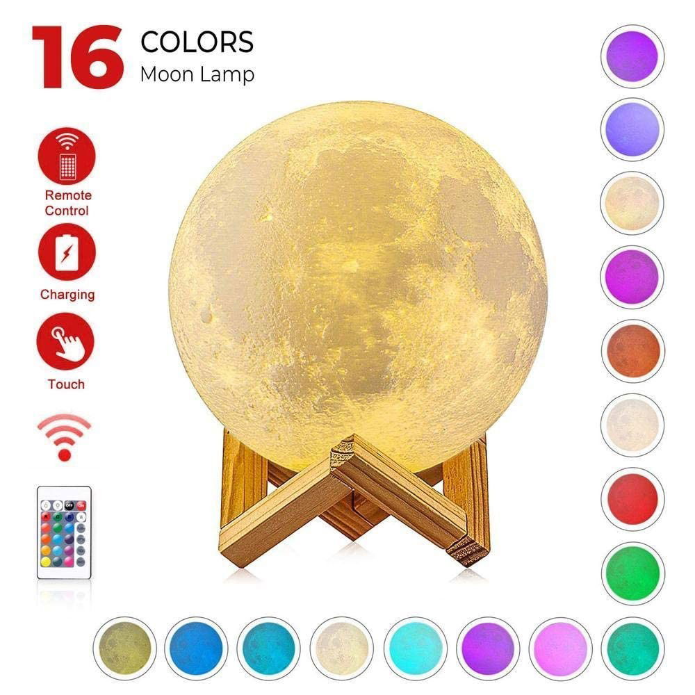 Lampa de veghe in forma de luna cu stele 3D Moon Light, Acumulator integrat, alimentare USB, stand din plastic inclus, 13 cm, 16 culori, Multicolor, Telecomanda inclusa, Flippy [9]