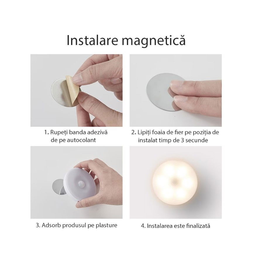 Lampa de Veghe LED, Flippy, cu Senzor de Miscare, Doua Tipuri de Lumina Alb Rece, Incarcare USB, Intrerupator On/Off/Auto, 0.6W, 300mAh, Design Rotund, Alb, 8.5x2.3 cm [4]