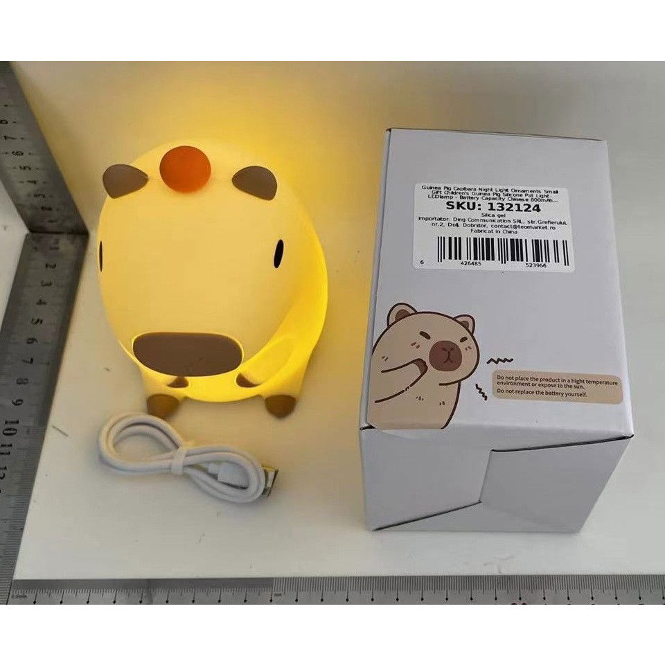 Lampi de veghe - Lampa de Veghe pentru Copii, Flippy, din Silicon, Senzor Tactil, Model Capibara, Lumina Calda, Protectie pentru Ochi, Incarcare USB, Capacitate Baterie Incorporata 800mAh, 10.8x9x12.8 cm, Alb