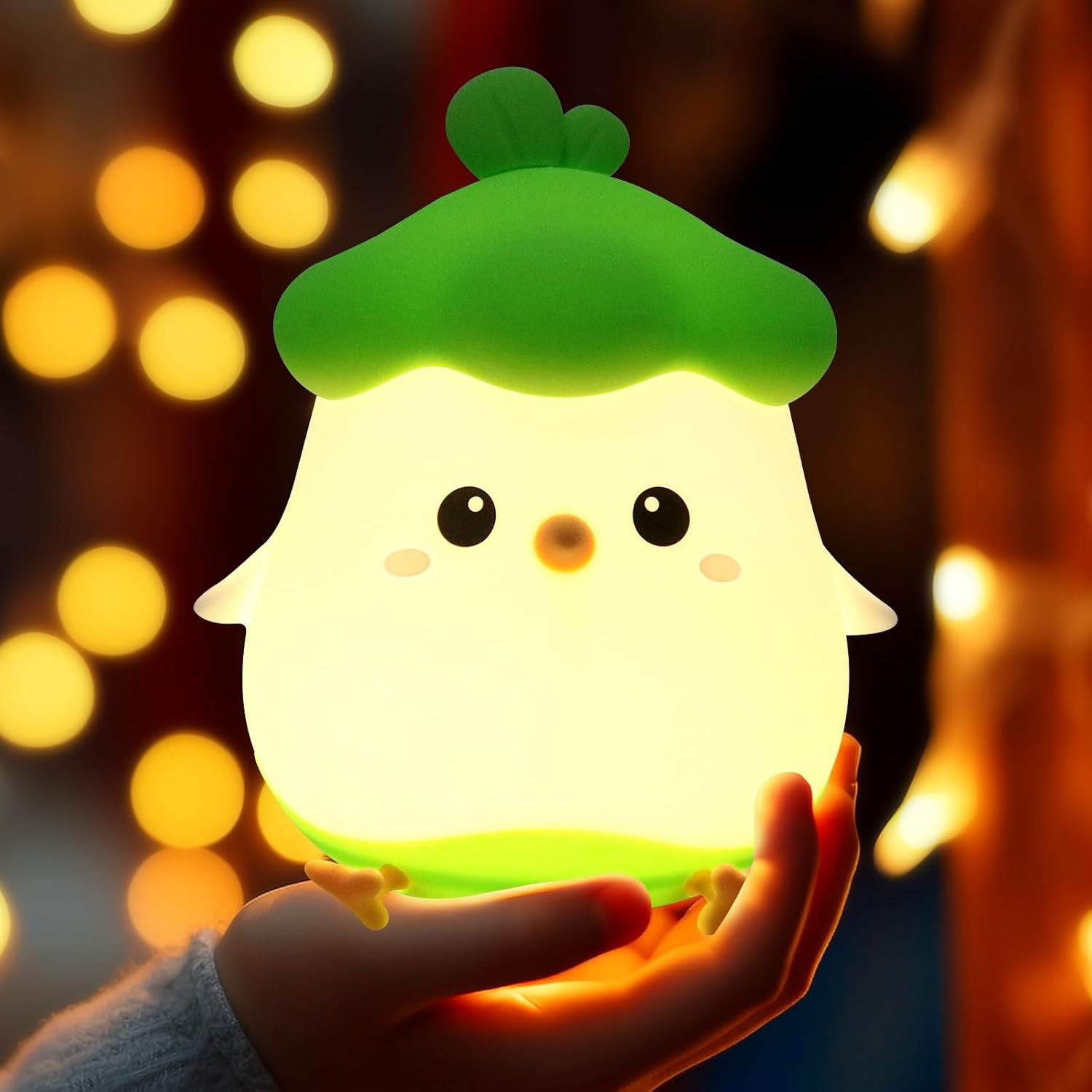 Lampa de Veghe pentru Copii, Flippy, din Silicon, Senzor Tactil, Model Pui, Lumina Calda, Protectie pentru Ochi, Incarcare USB, Capacitate Baterie Incorporata 800mAh, 11 x 10 x 12.4 cm, Verde [5]