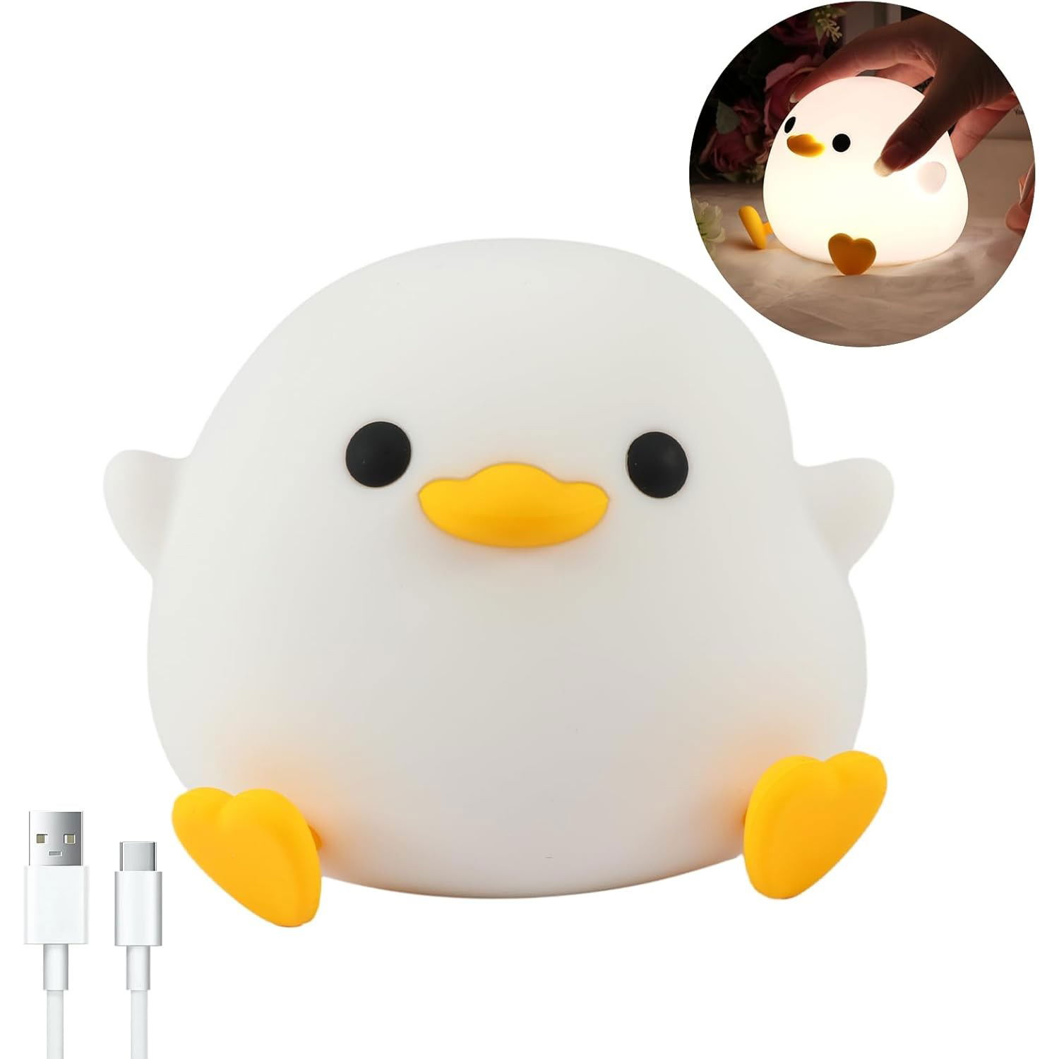 Lampa de Veghe pentru Copii, Flippy, din Silicon, Senzor Tactil, Model Ratusca, Lumina Calda, Timer Automat, Protectie pentru Ochi, Incarcare USB Putere 0.5W, Capacitate Baterie Incorporata 800mAh, 12 [4]