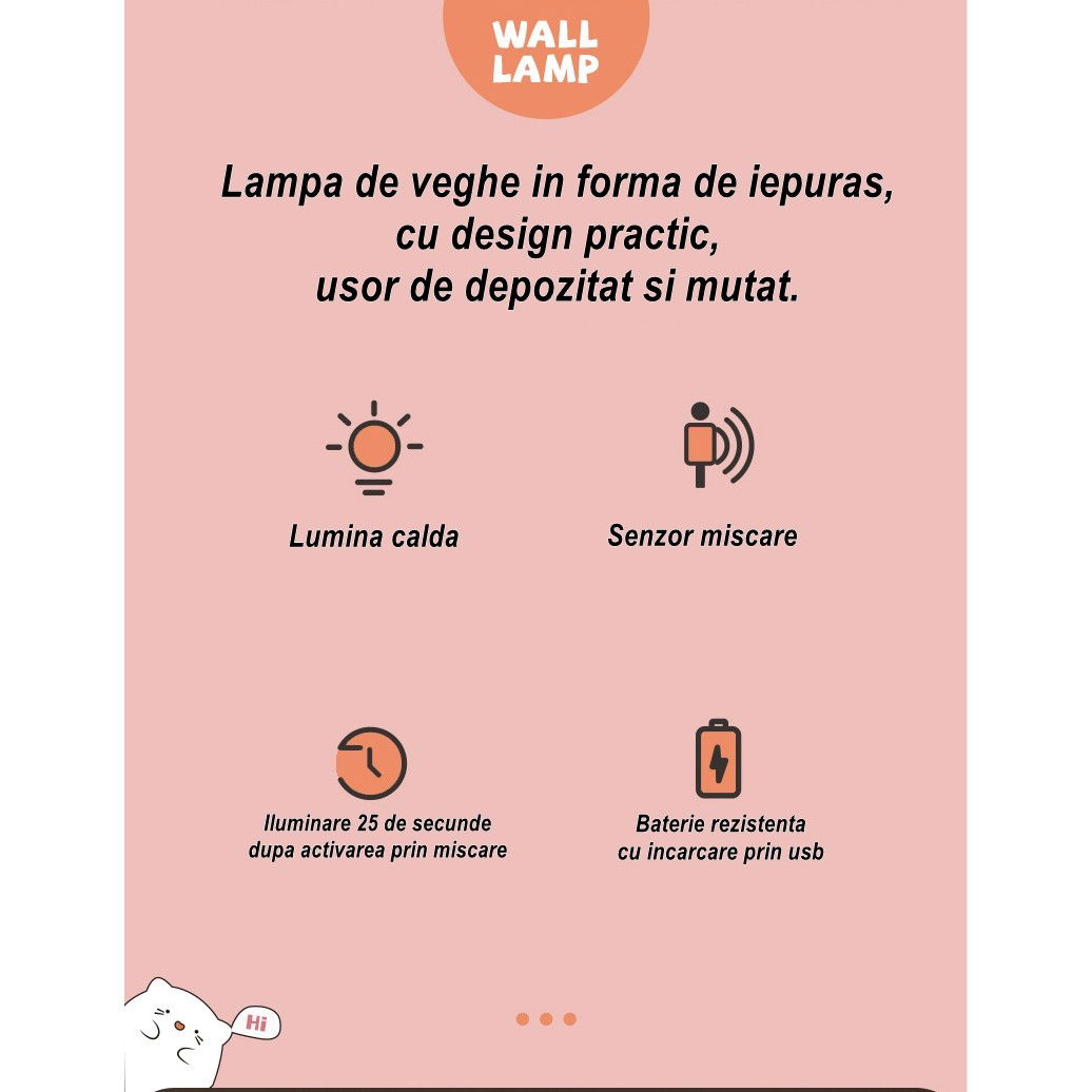 Lampa de veghe portabila cu 2 moduri de functionare Flippy, silicon non-toxic, reincarcabila USB, senzor miscare, roz, iepuras [4]