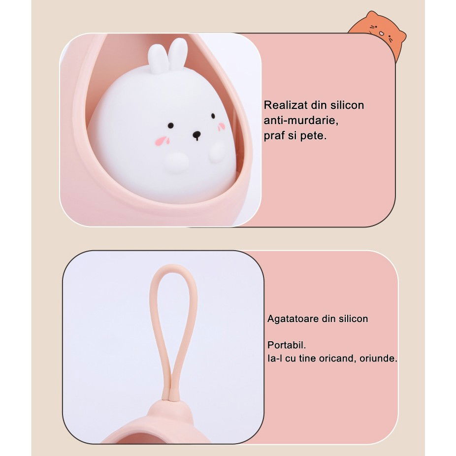 Lampa de veghe portabila cu 2 moduri de functionare Flippy, silicon non-toxic, reincarcabila USB, senzor miscare, roz, iepuras [11]