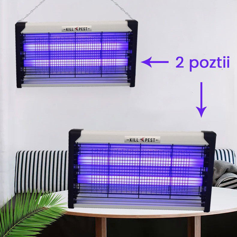 Articole pentru Gradina si Bricolaj - Lampa Electrica Anti Insecte, Flippy, Lumina Neon, 2 tuburi cu putere de 30W, Suspensie Perete, Carcasa din Plastic Metalica, 49 x 25 x 6 cm, Alb Negru