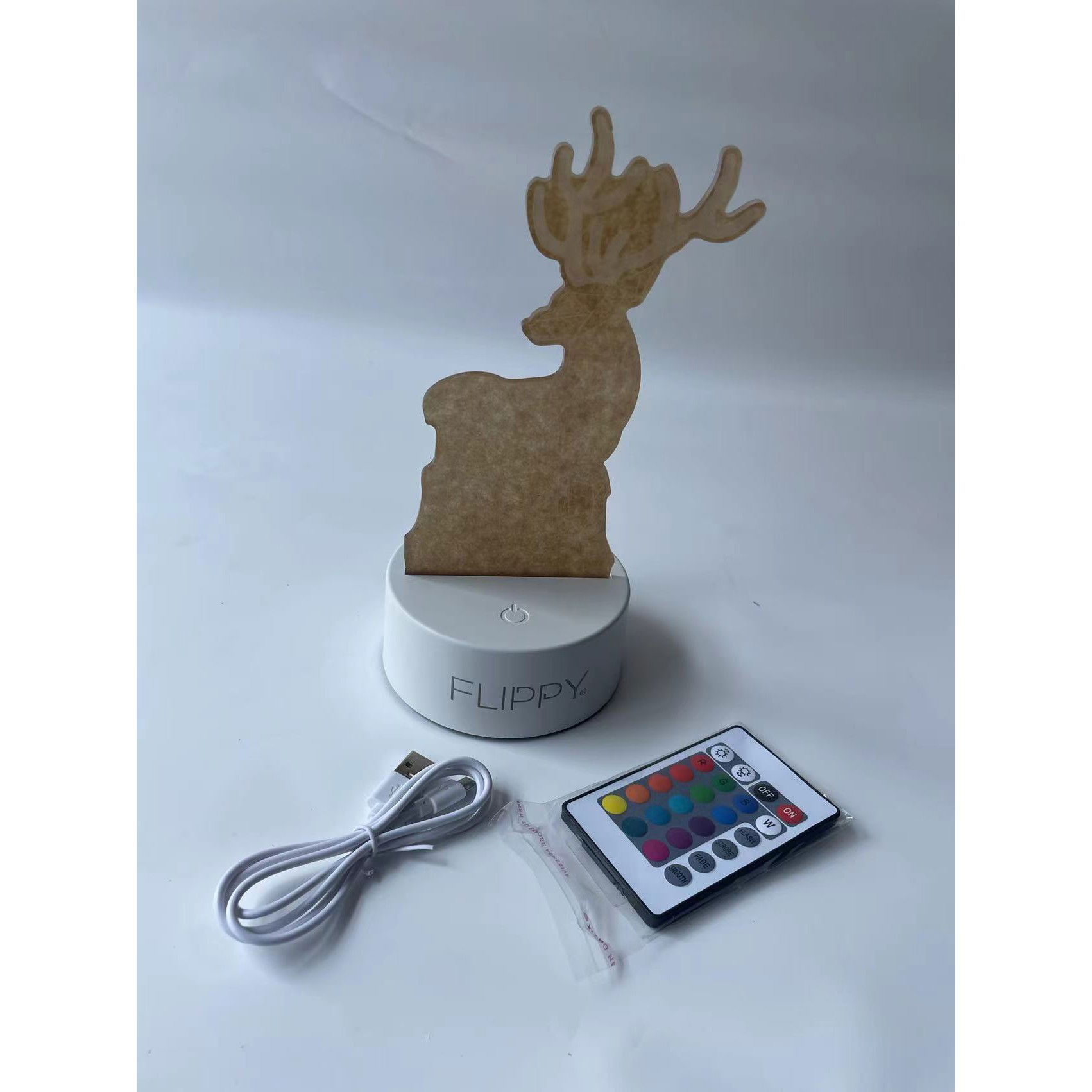 Lampa LED decorativa, Flippy, 3D, Cerb, cu telecomanda, doua moduri de alimentare USB si baterii, 20 cm inaltime, din material acril si lumina multicolora, alb [10]